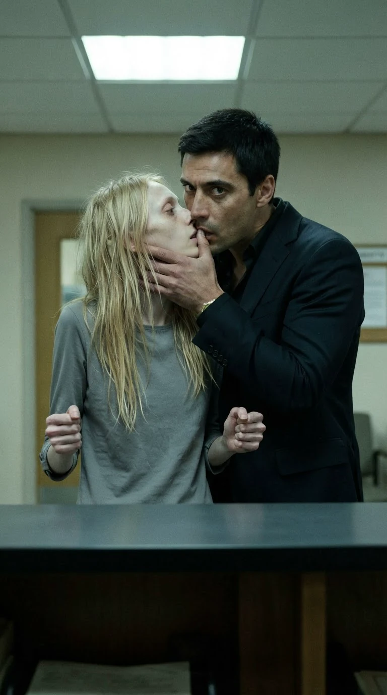 The tall dark-haired man tilts the pale woman's chin up and presses a cold kiss to her mouth.
