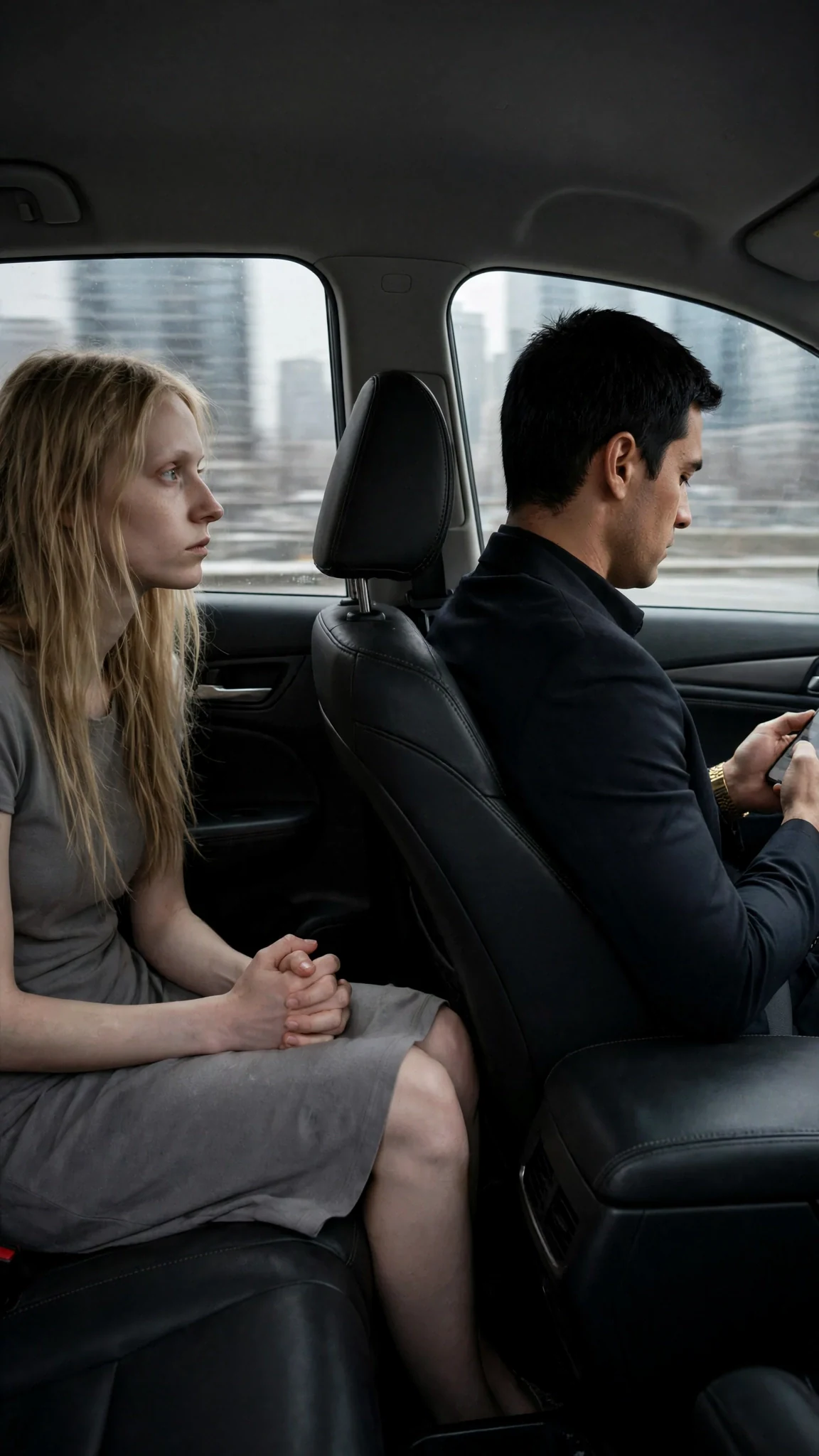 In a dark car, the pale woman sits far from the man in the suit, hands folded, city sliding past the window.