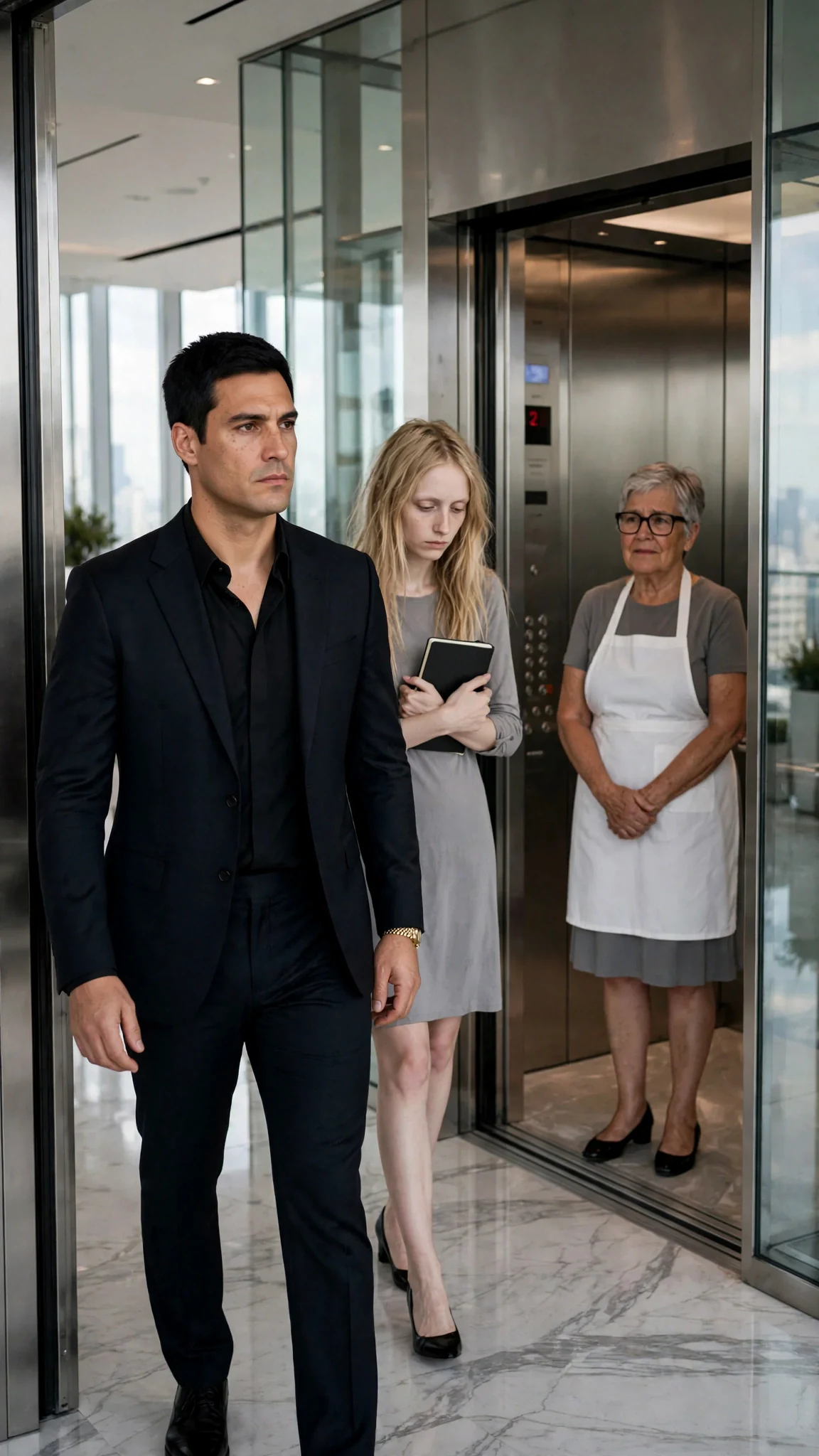 A silver-haired housekeeper in a grey dress and white apron waits at the open elevator of a glass penthouse.