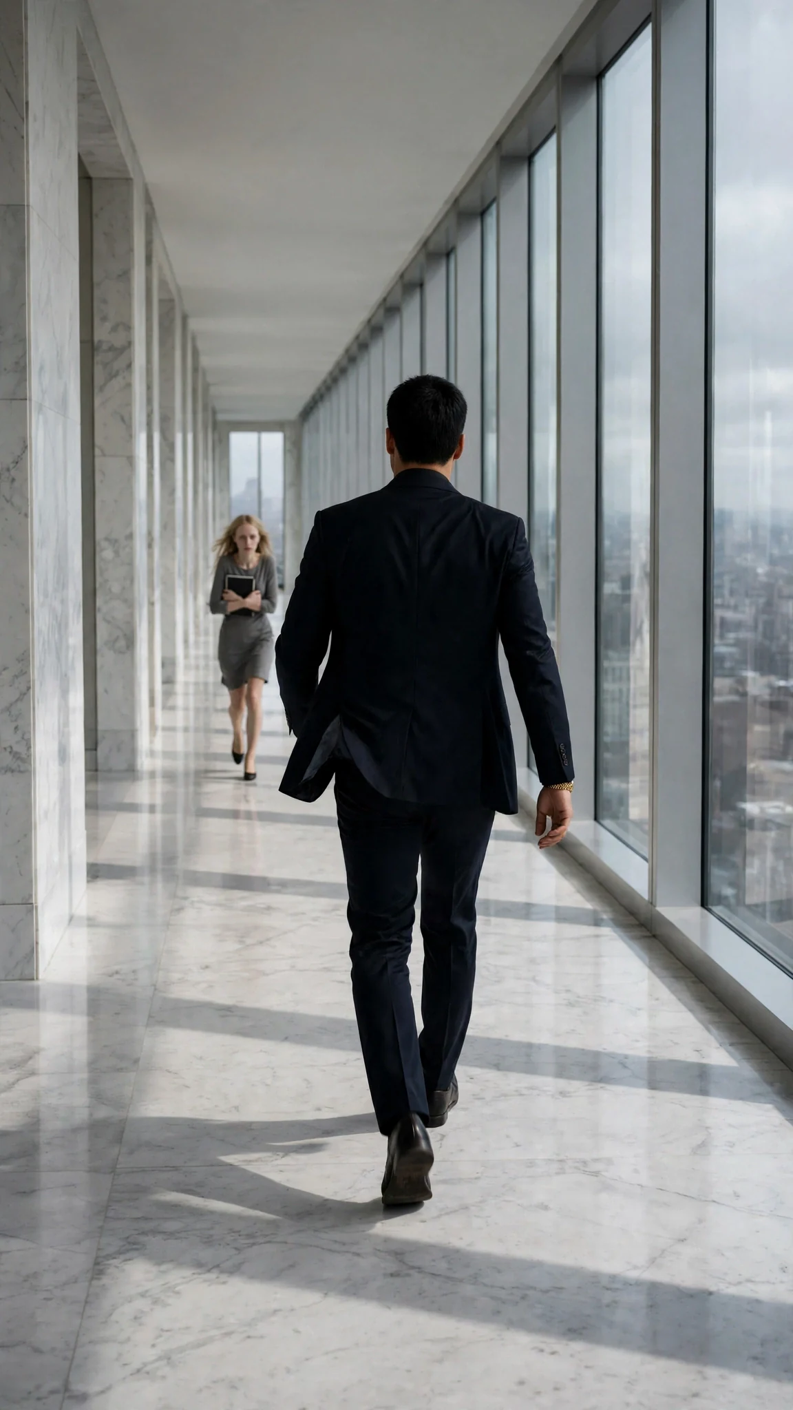 The man in the suit walks ahead down a long corridor without waiting for the thin woman behind him.