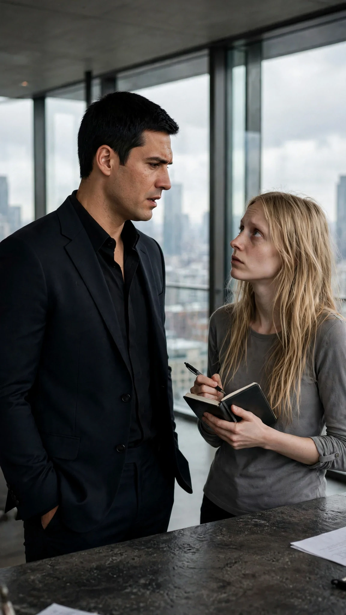 In a cold glass room, the tall man turns and speaks flatly to the thin woman who holds her notebook.
