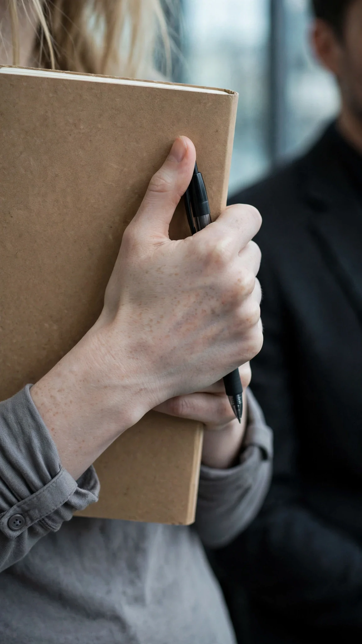 The pale woman's knuckles go white on the notebook as the man keeps speaking, unbothered.