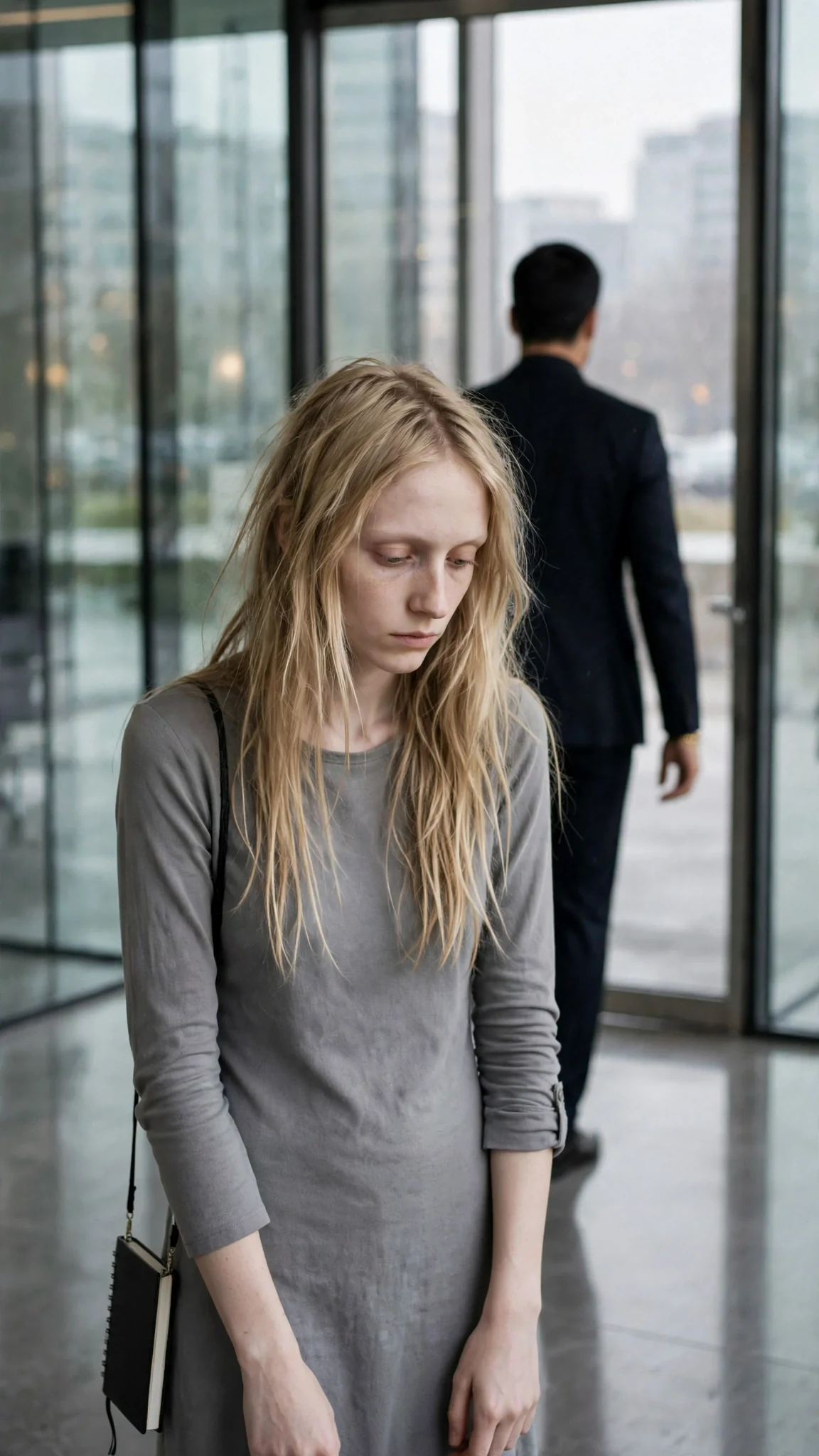 The tall man walks out through a glass door, leaving the thin woman standing alone in the middle of the room.