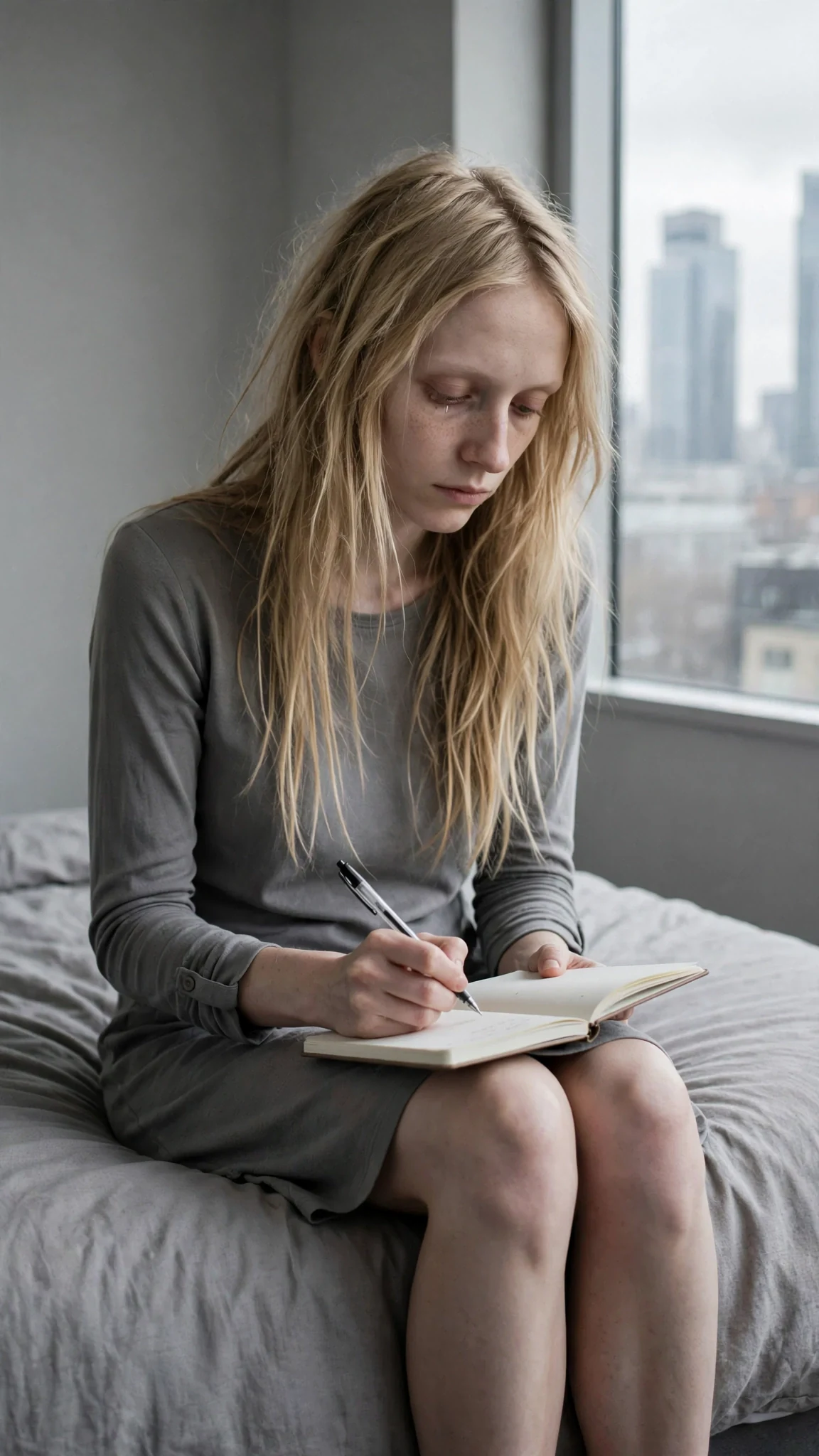 The thin woman sits on the edge of an unused bed with her small notebook open on her knee.