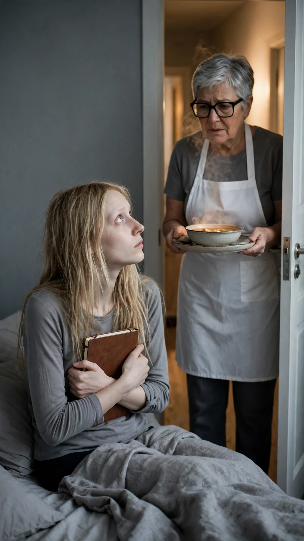The pale woman looks up in the cold room as a tray of warm food appears in the doorway.
