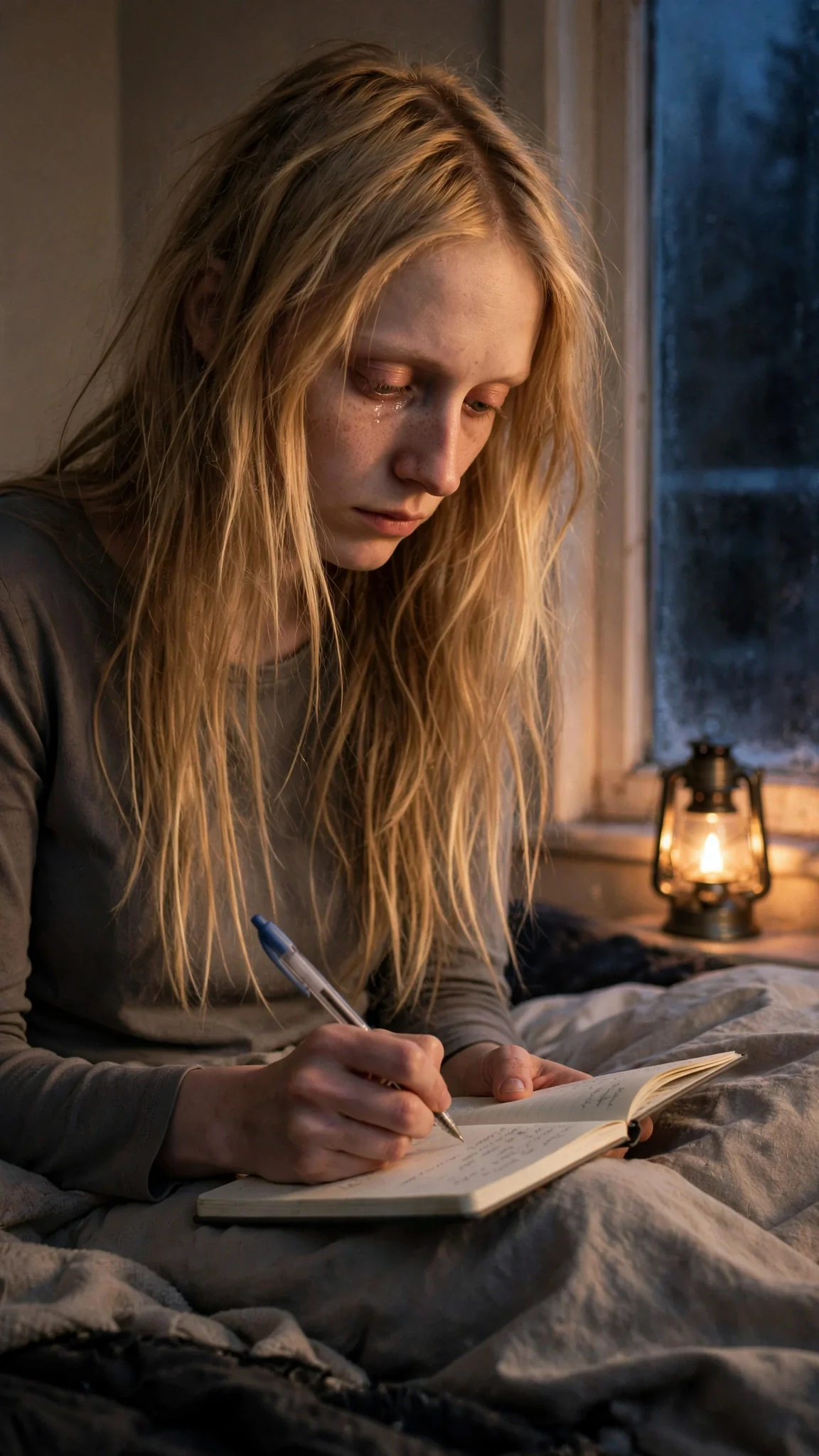 The thin woman's hand is writing on the notebook page by warm lamplight, her face half in shadow.