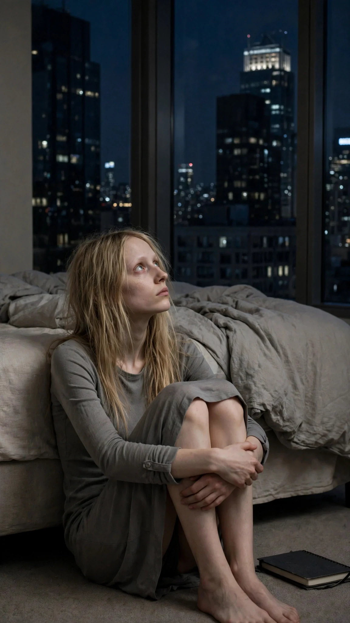 The pale woman sits on the floor by the cold window, notebook shut, looking at the dark city.