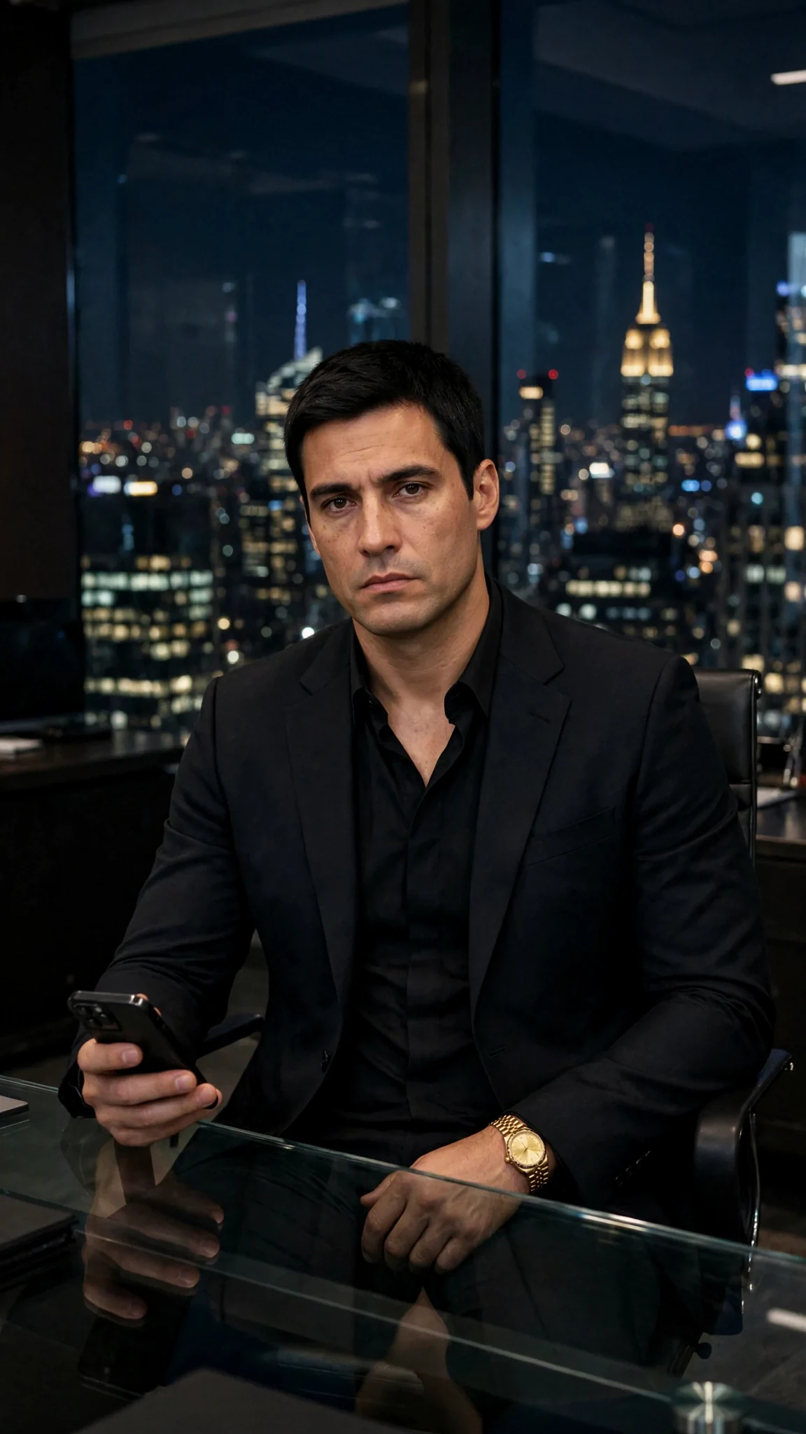 Dorian sits alone in a glass office at night, phone in hand, city lights behind him.