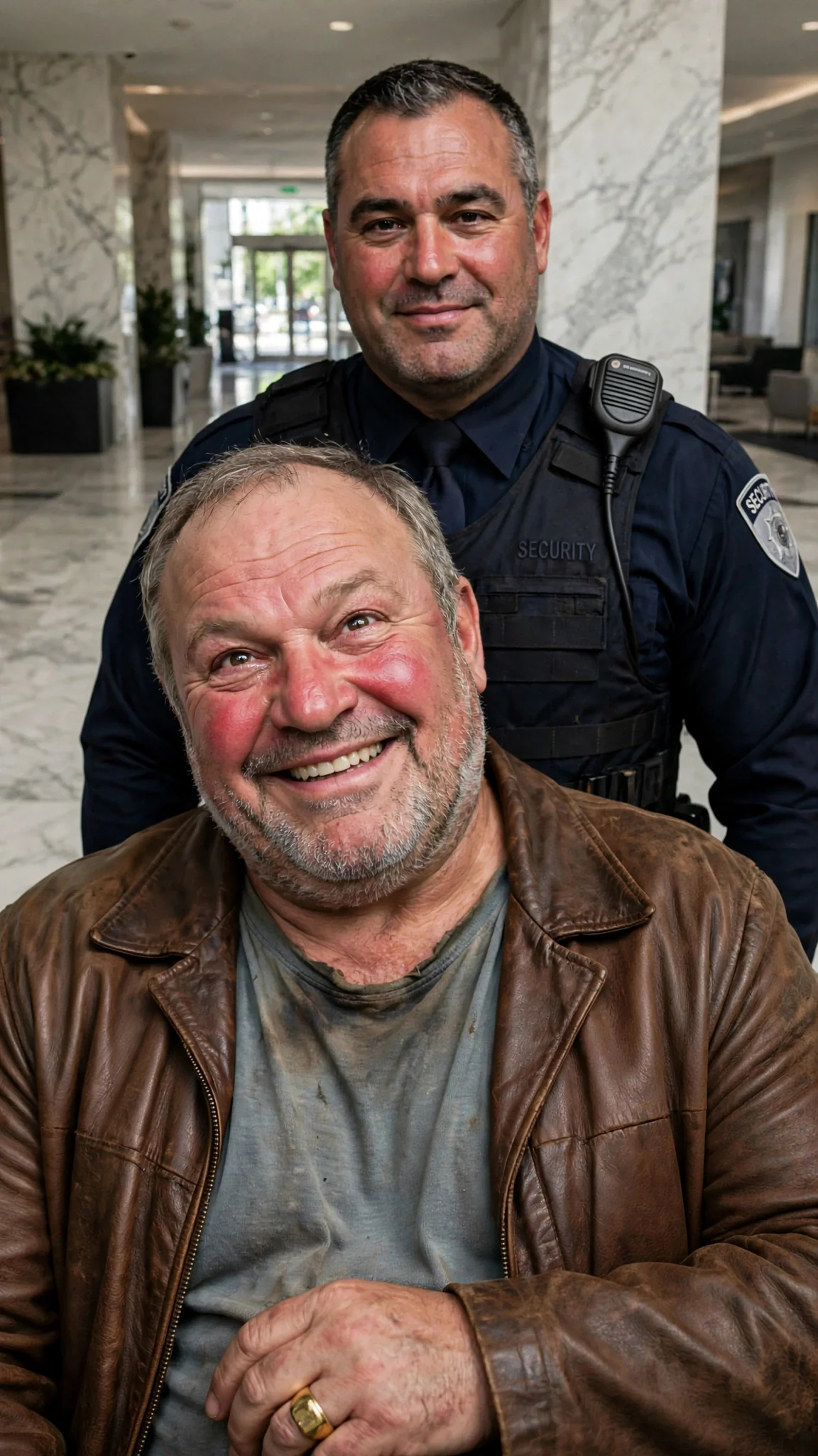 Ruben stands in the marble lobby of Vale Tower, grinning, a security guard behind him.