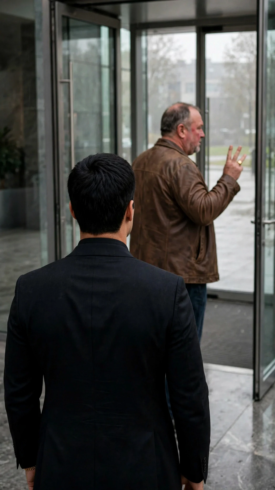 Ruben walks out through the glass doors, counting on his fingers, guard following.