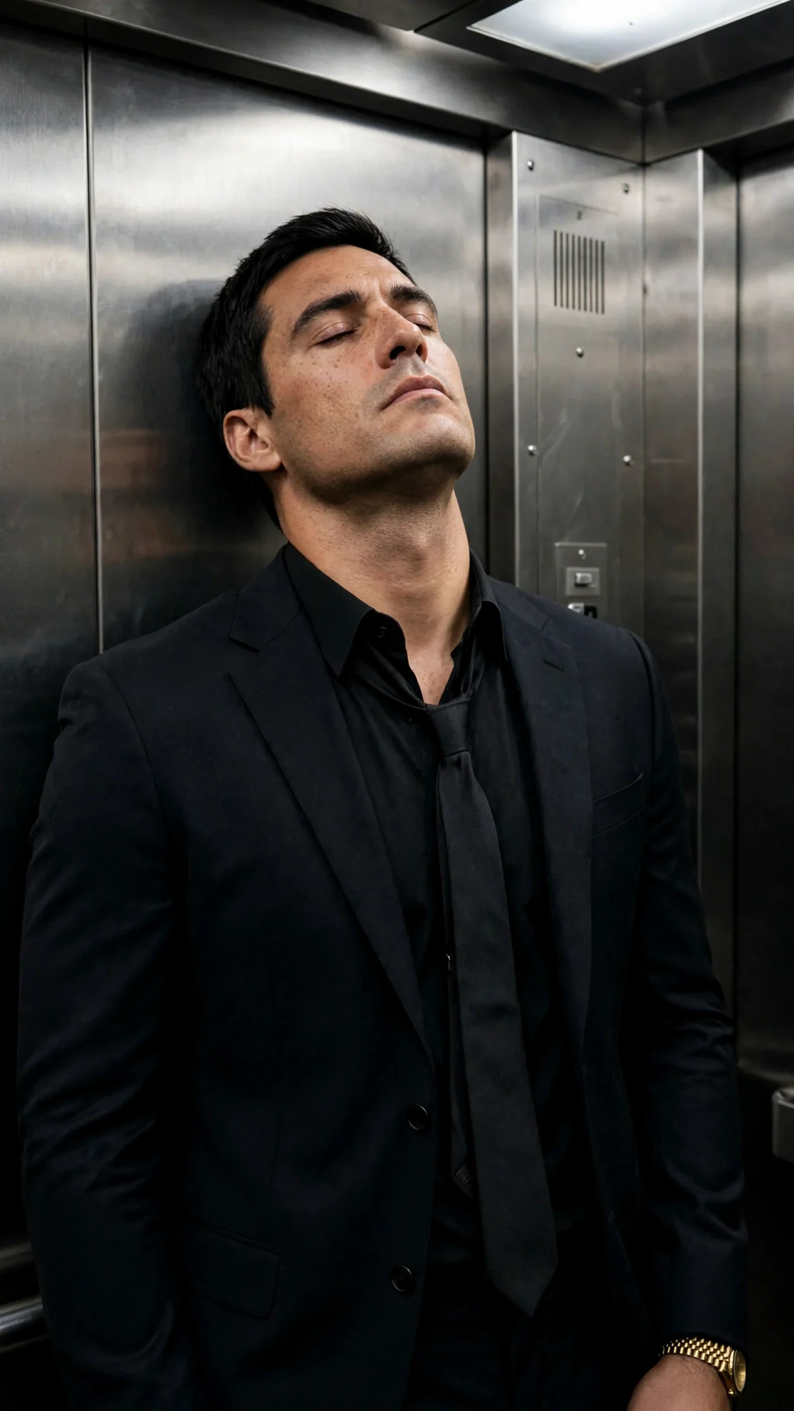 Dorian in the elevator, alone, head tipped back against the wall.
