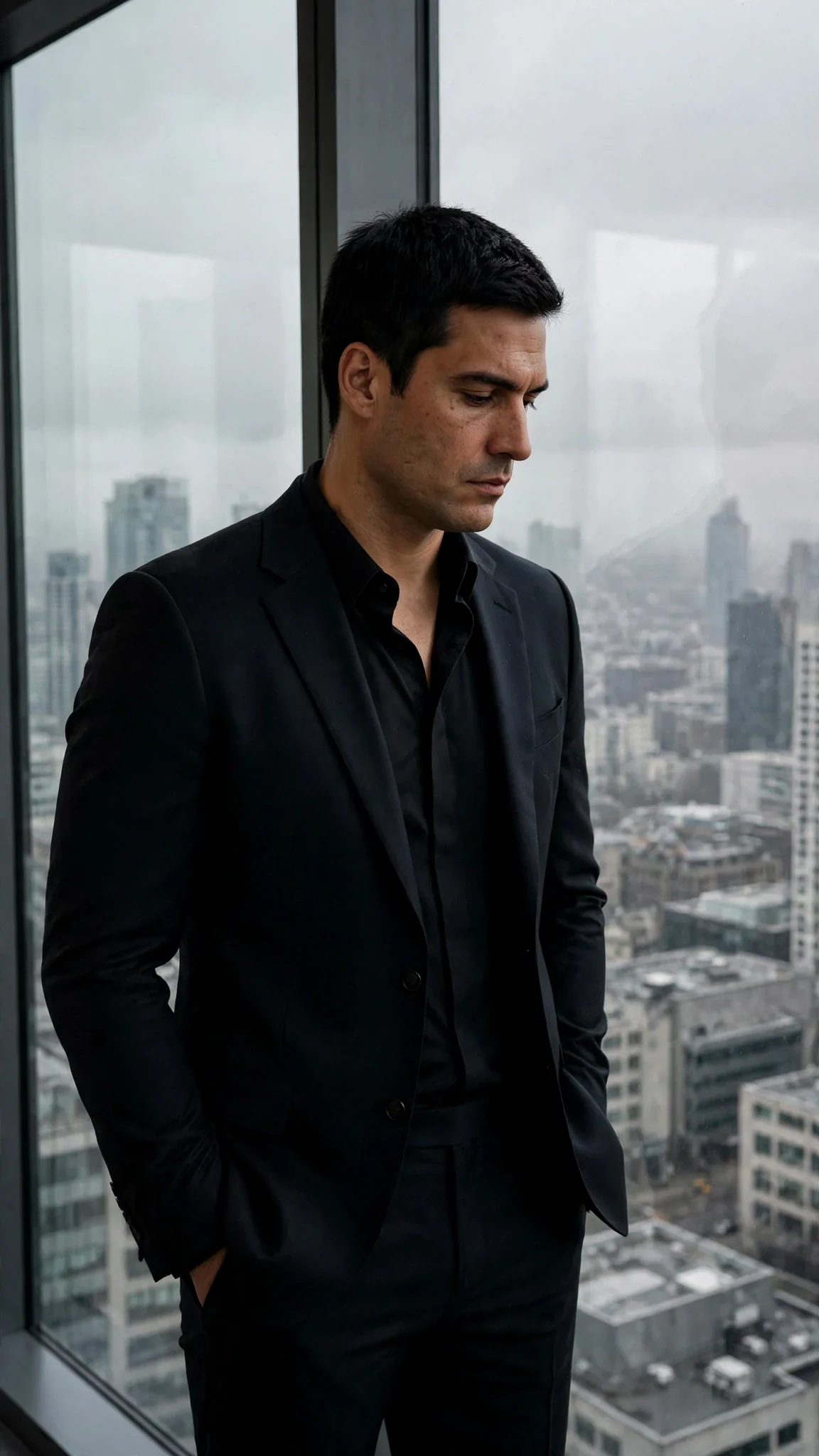 Dorian standing at a penthouse window, hands in his pockets, city below.
