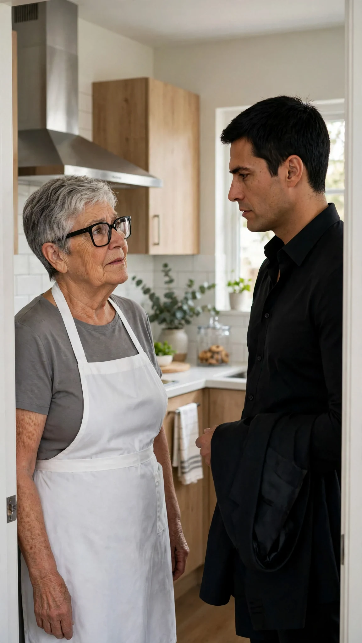 Nora in the kitchen doorway, speaking to Dorian, apron on.