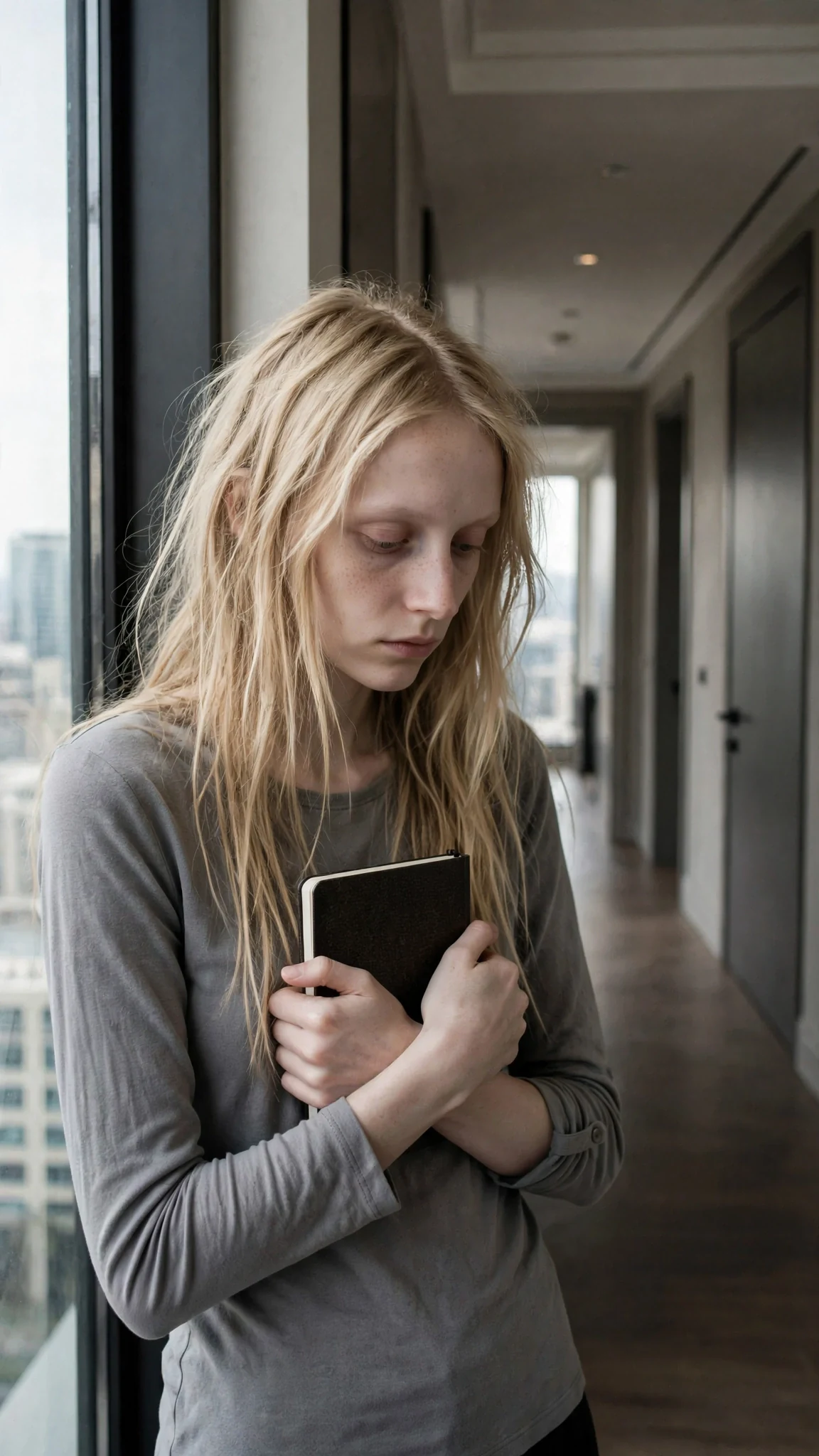 Sera stands by a tall window, thin and pale, holding a small notebook to her chest.