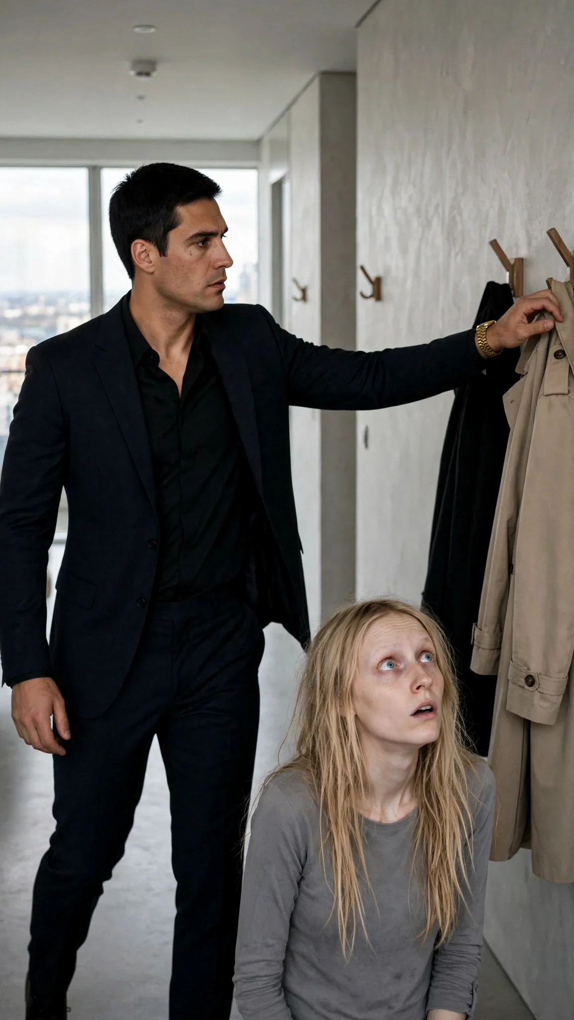 Dorian walking past Sera, reaching for his coat on a hook, Sera beginning to flinch.