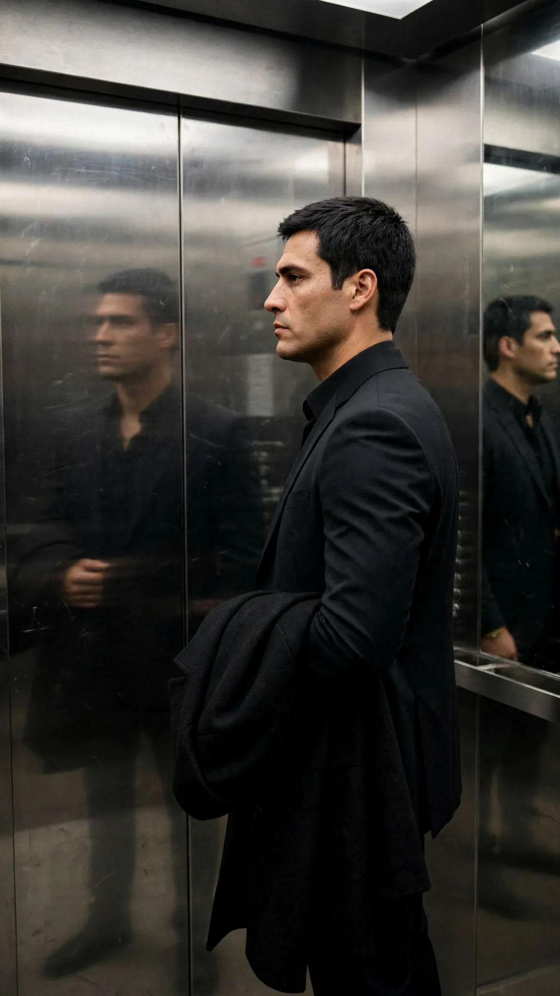 Dorian in the elevator, staring at the closing doors, thinking.
