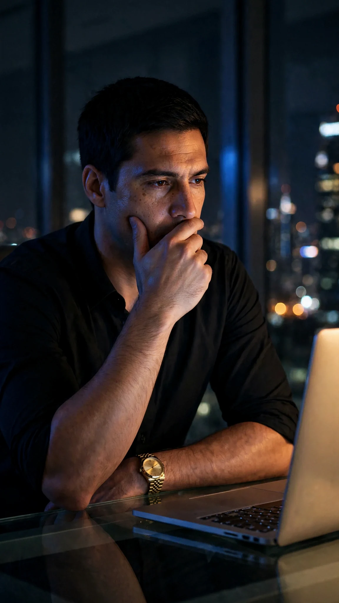 Dorian at his desk at night, the will on the screen, one hand over his mouth.
