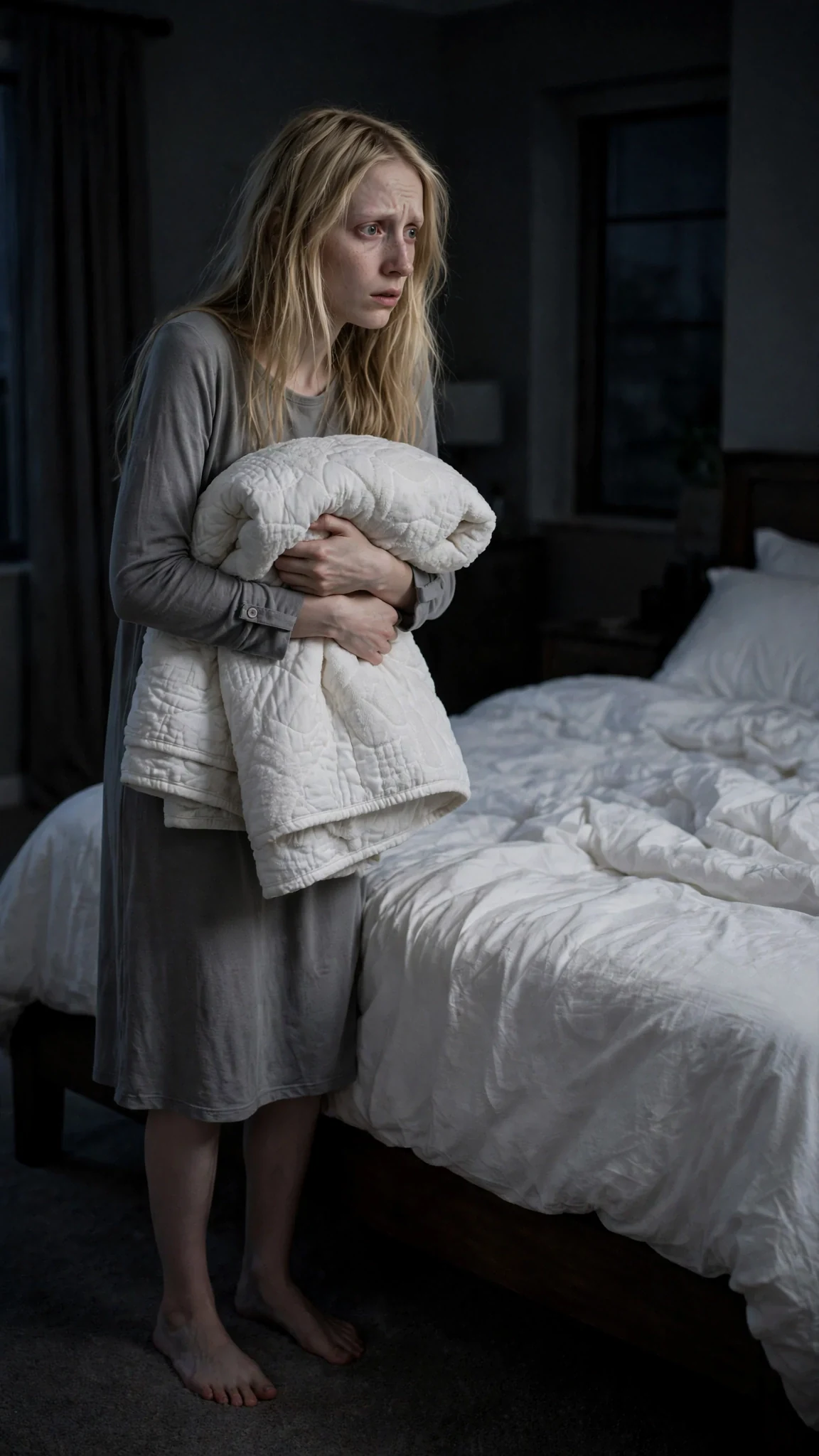 A thin pale young woman stands barefoot in a dark bedroom, holding a folded quilt and staring at a huge white bed.