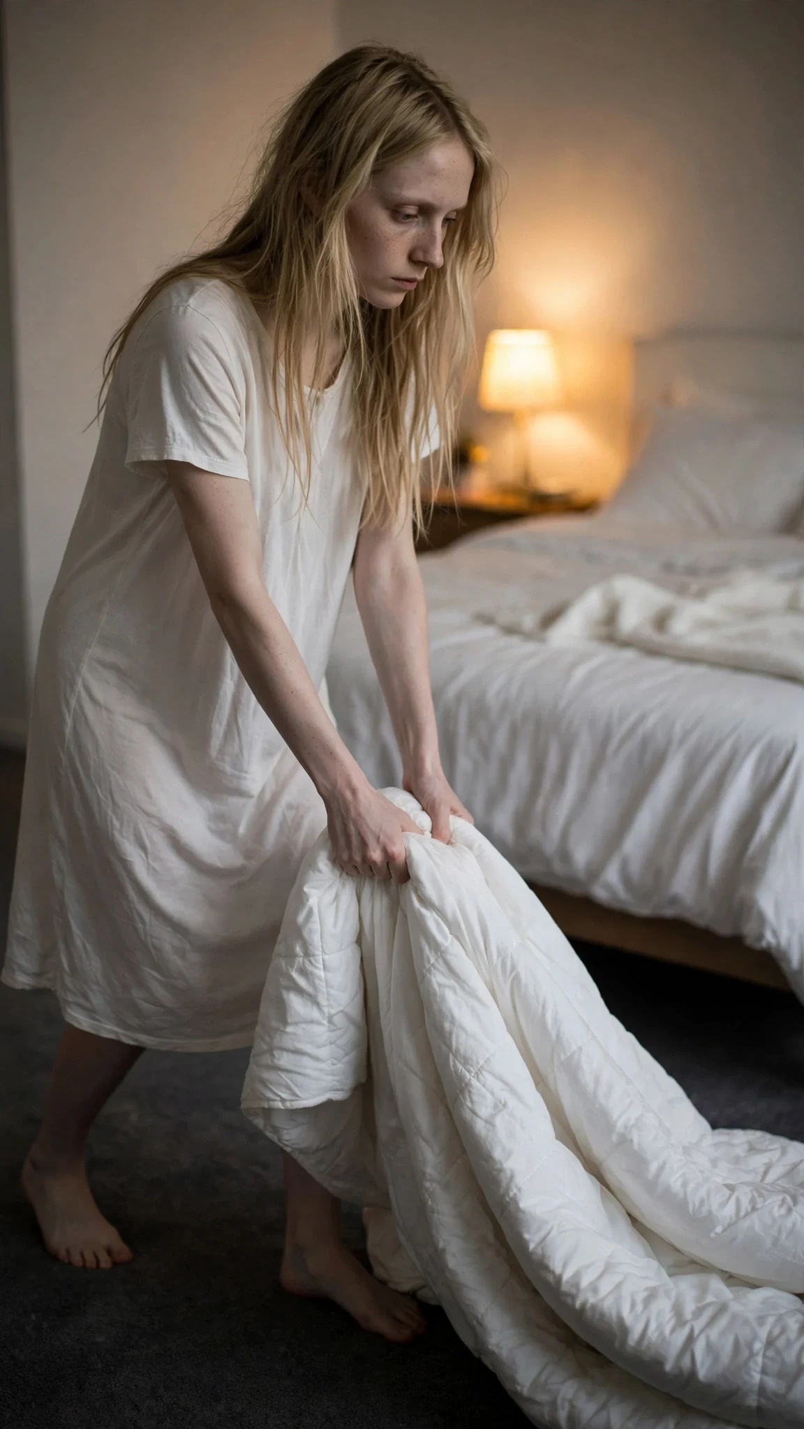 The woman drags a quilt across the carpet away from the white bed.