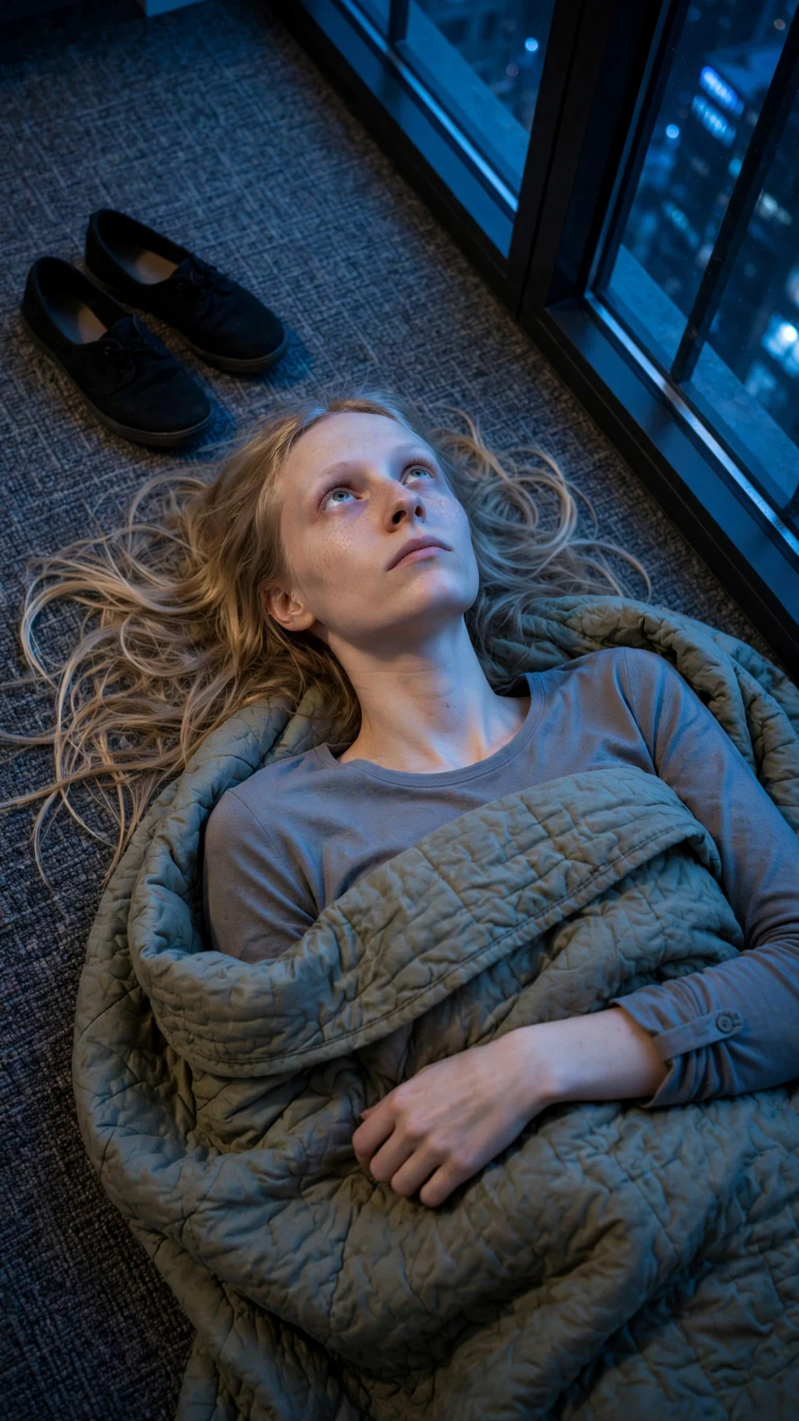 The woman lies on the floor by a tall window, wrapped in the quilt, eyes open.