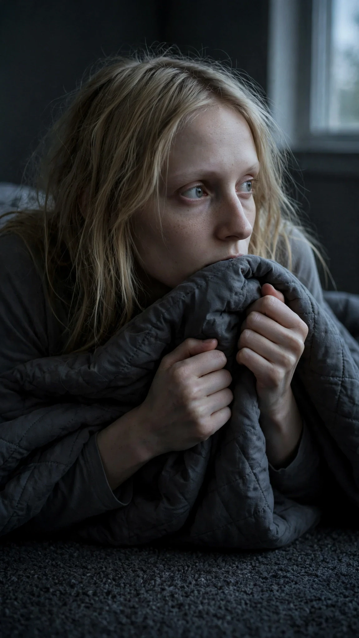 Close on the woman on the floor, hands curled near her chest, listening.