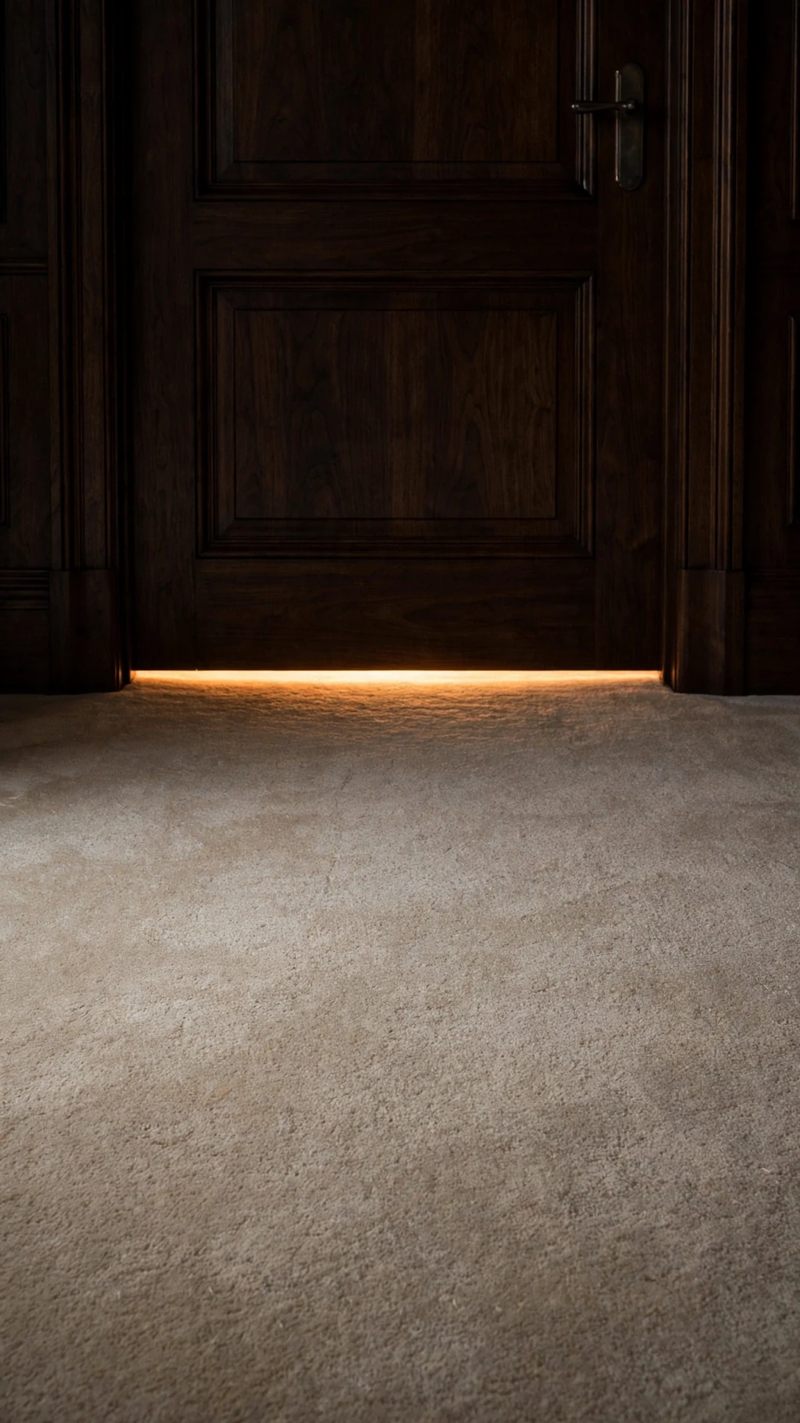 A strip of light appears under a dark bedroom door.
