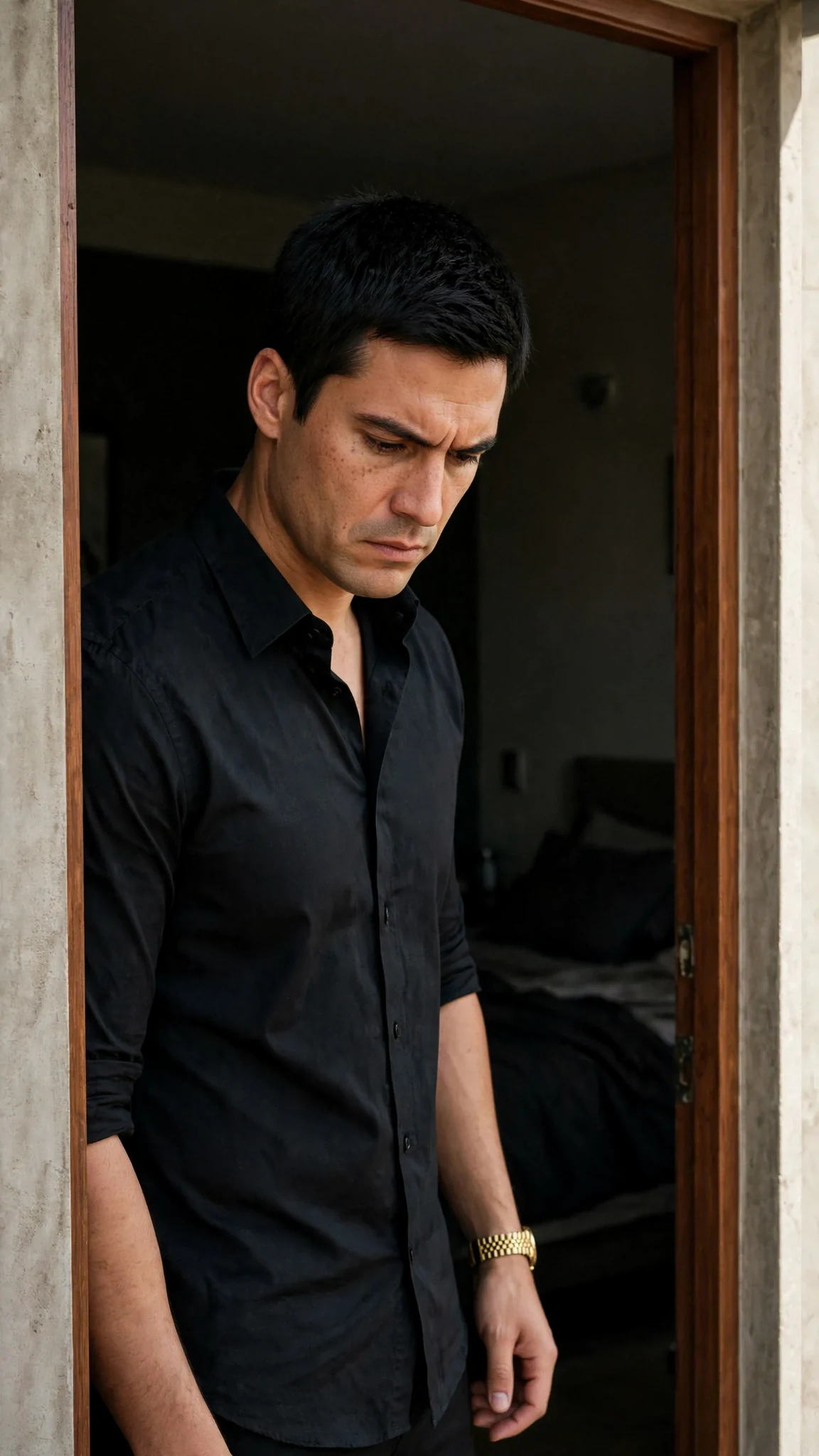 A tall dark-haired man in an open-collared shirt stands in the doorway, looking down at the floor.