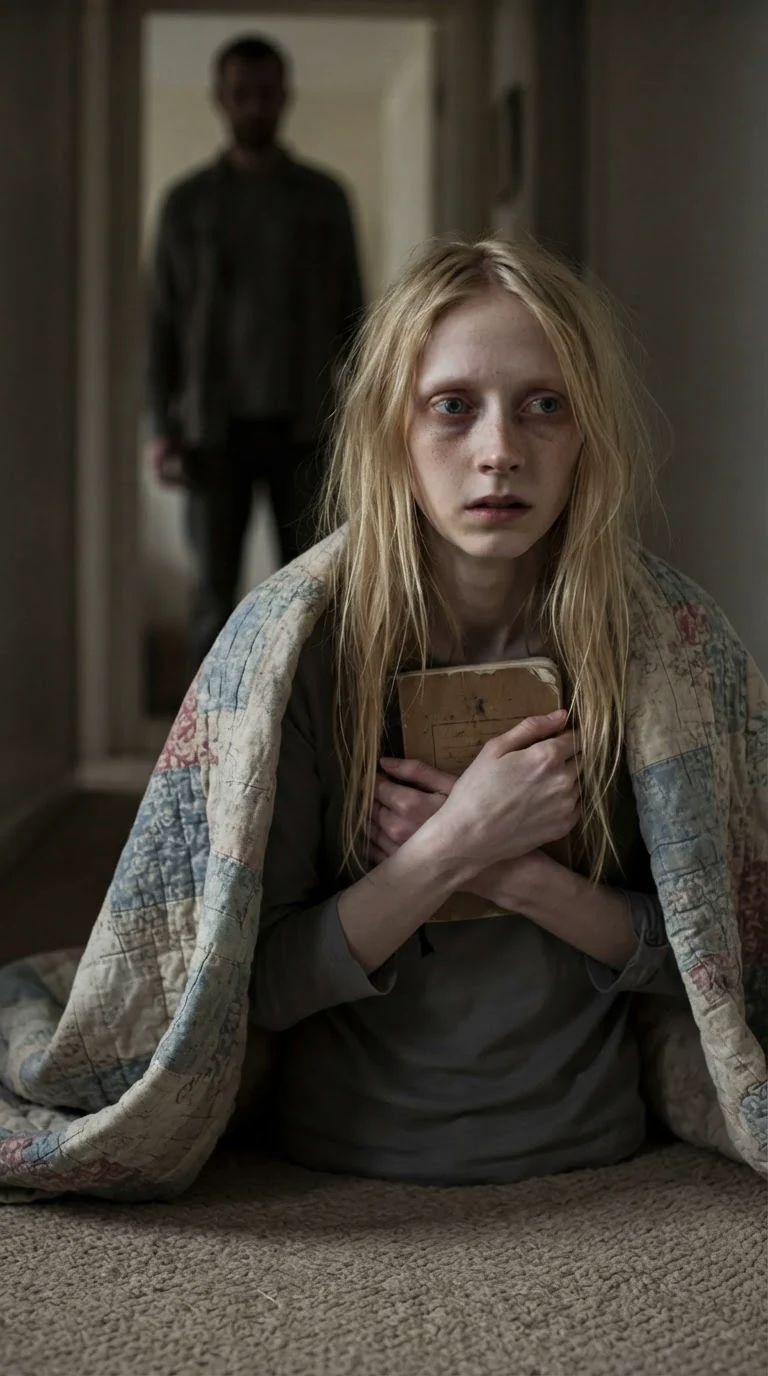 The woman sits up fast, clutching a small notebook to her chest.