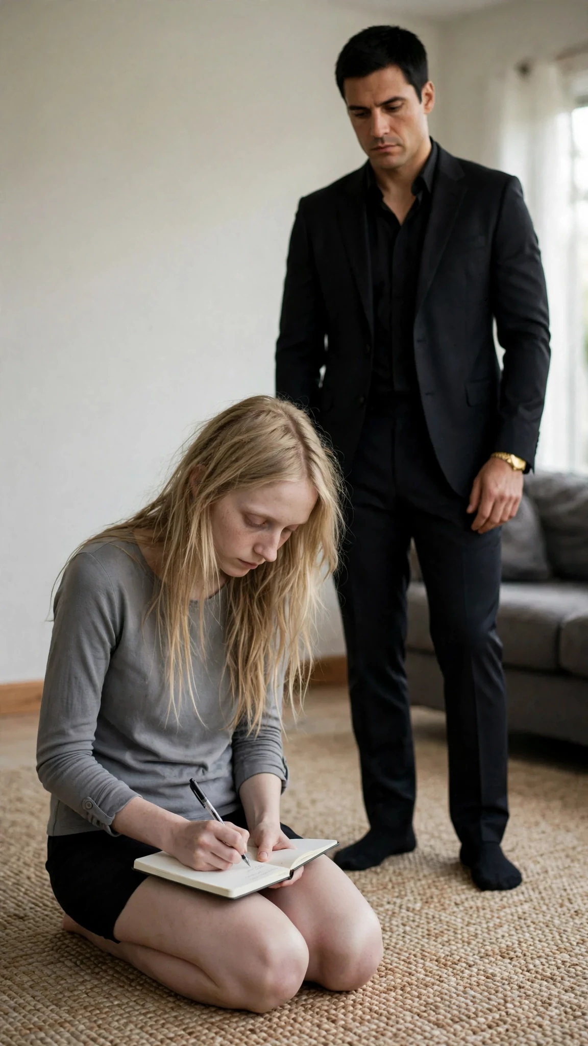The woman writes in her notebook with a pen, head down, the man watching.