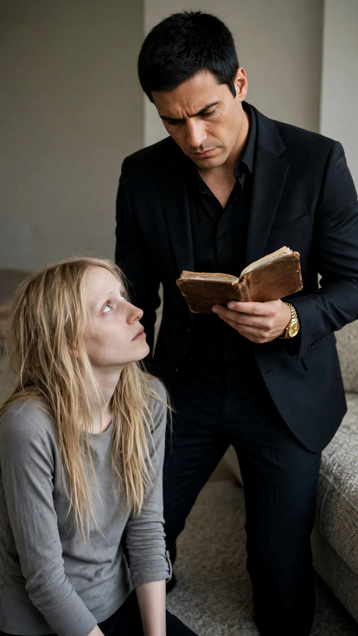 The man reads the small notebook, jaw tight, standing over her.
