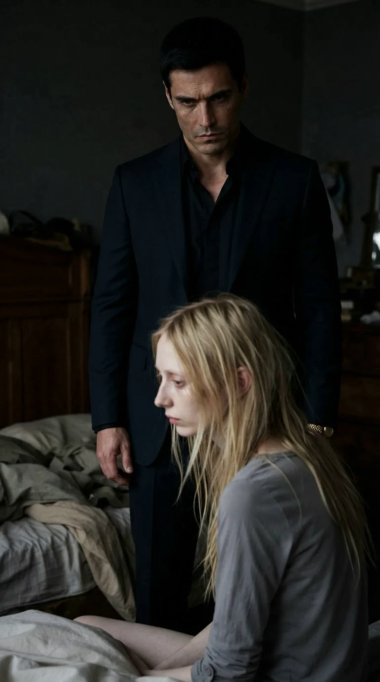 The man looks down at her, mouth flat, eyes hard.