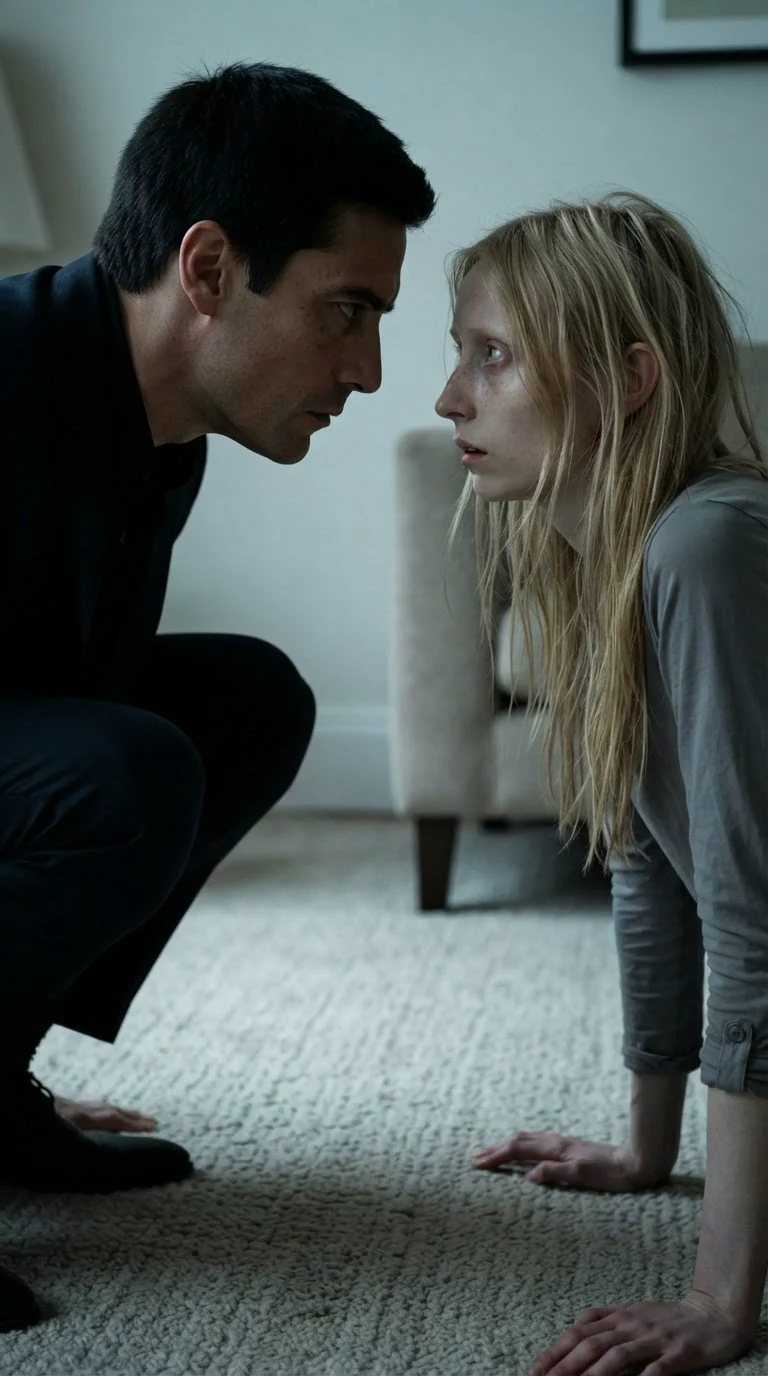 The man crouches close in front of her, faces near.