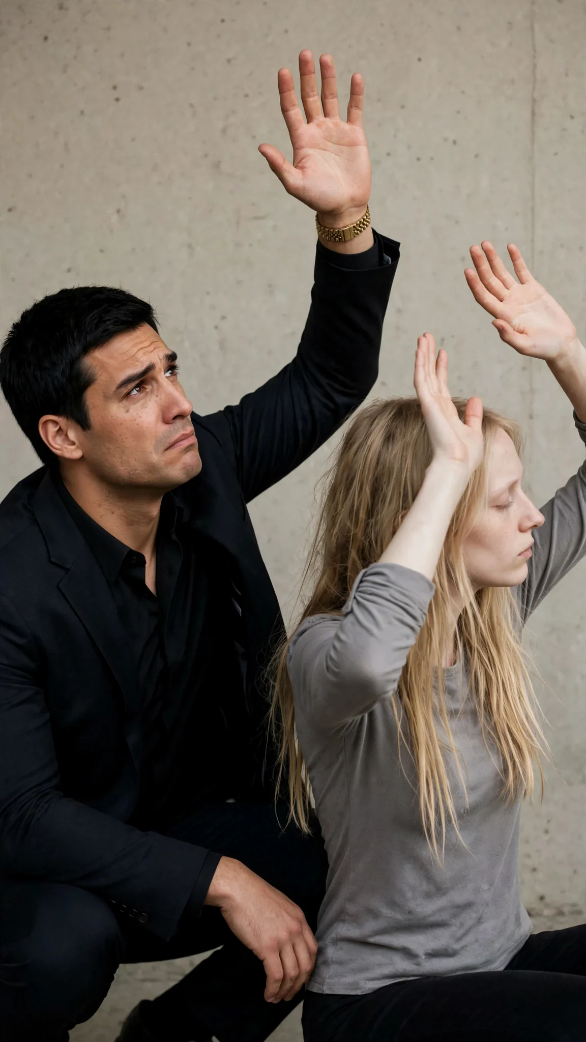 The man's hand lifts in the air, the woman flinches, and he freezes it there.