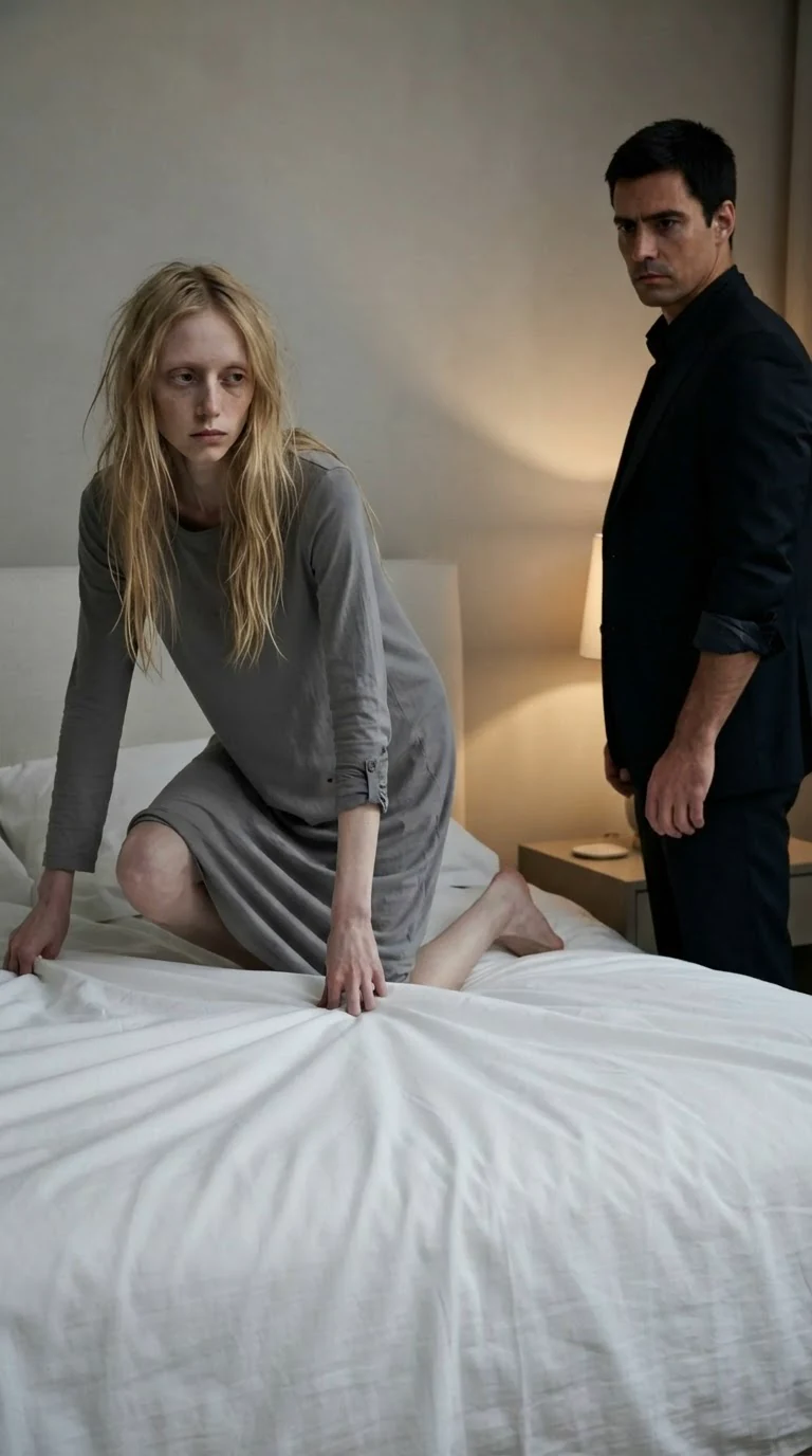 The woman climbs into the white bed, legs shaking, the man standing back.