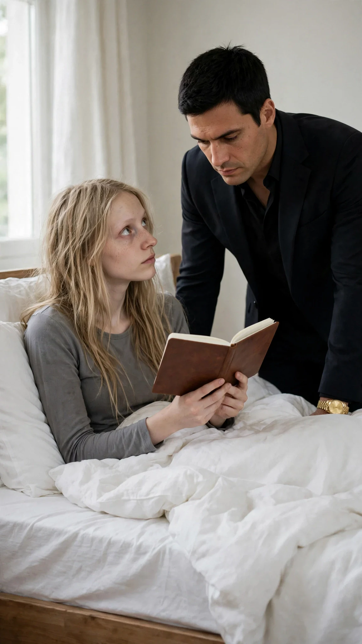 The woman holds up her open notebook from the bed, the man reading it above her.