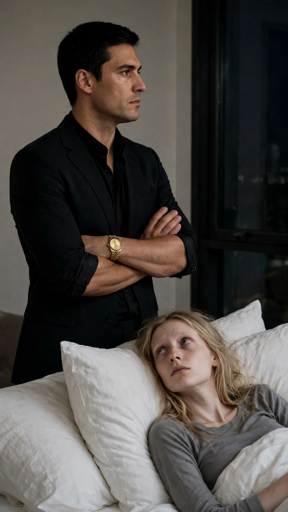 The man answers flatly, looking toward the window instead of her.