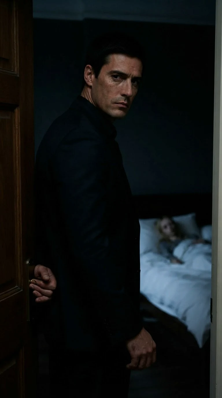 The man stands at the door in the dark, hand on the frame, looking back once.