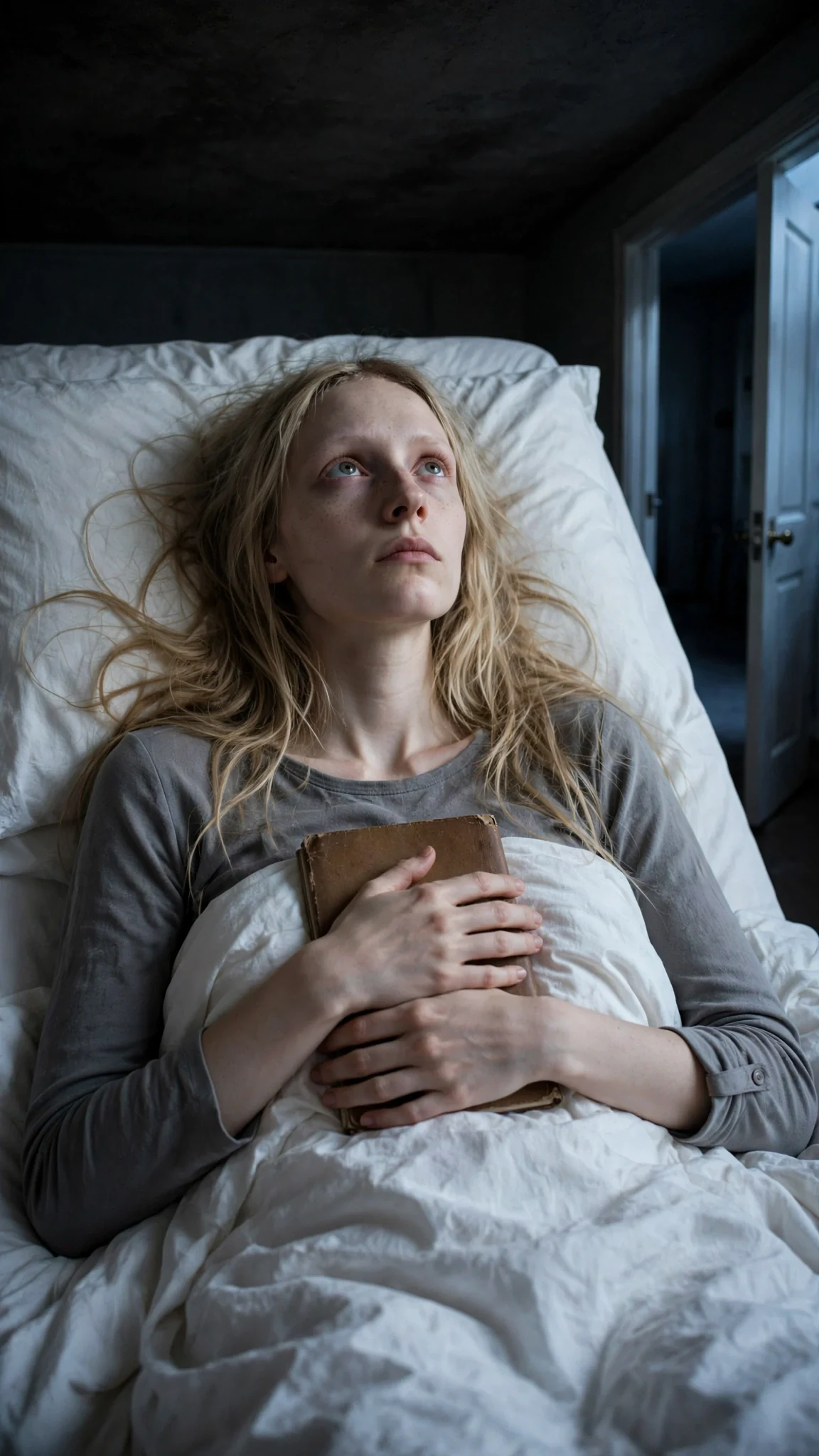 The woman lies in the big white bed in the dark, notebook on her chest, staring at the ceiling.