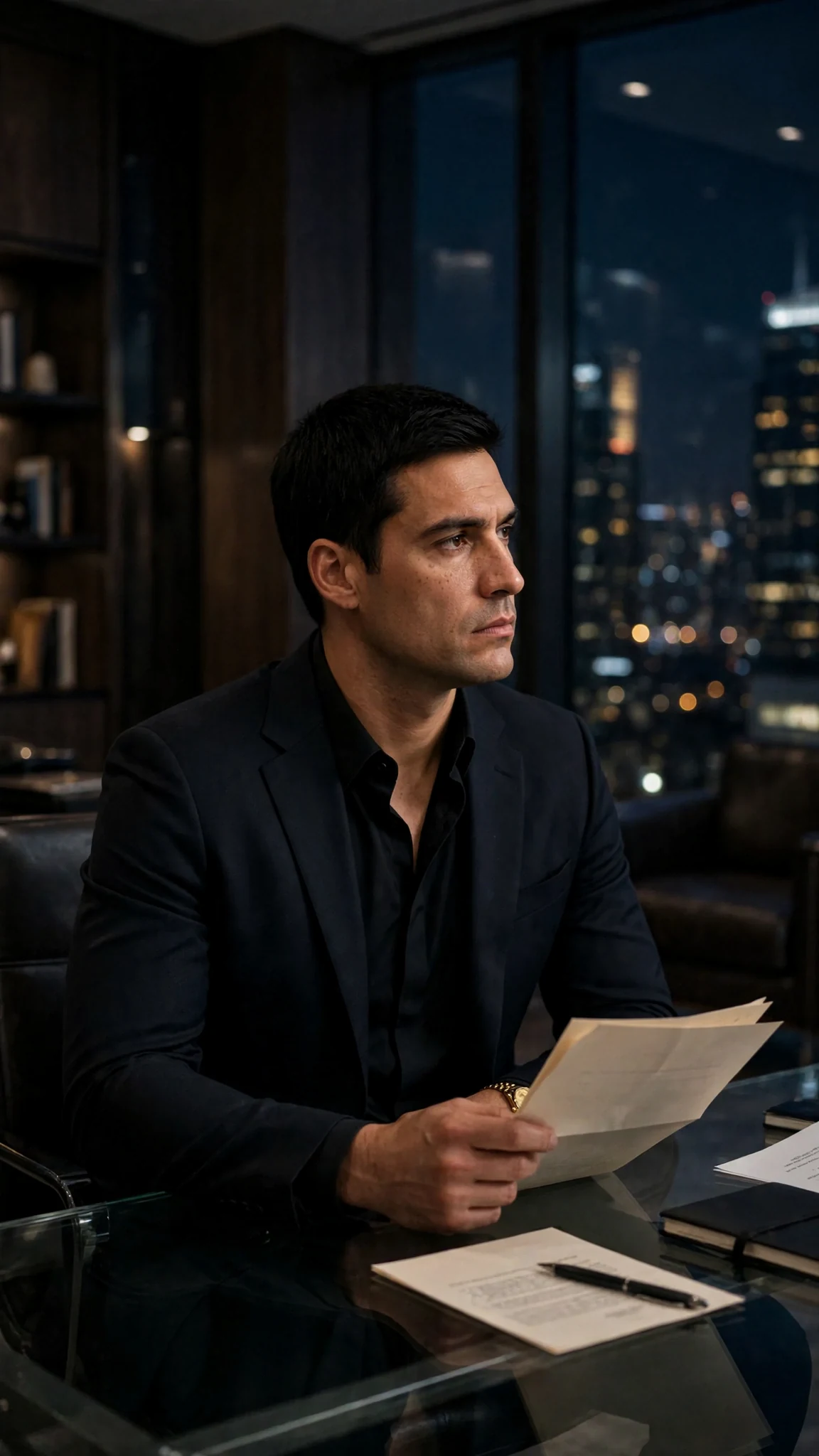 Dorian sits alone in his dark study reading a contract, the city glowing behind him.