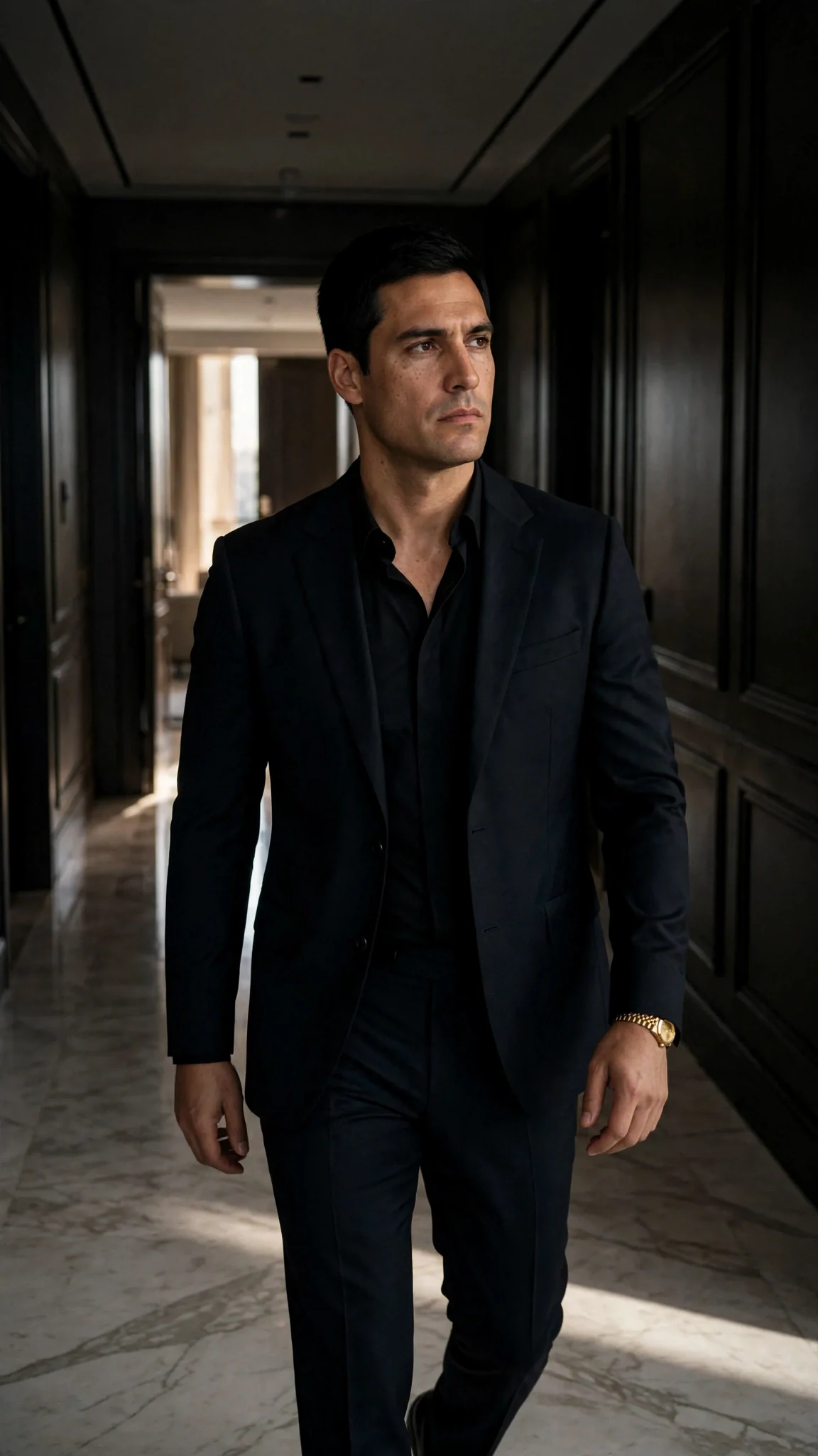 Dorian walks a dim hallway of the penthouse toward a lit doorway.