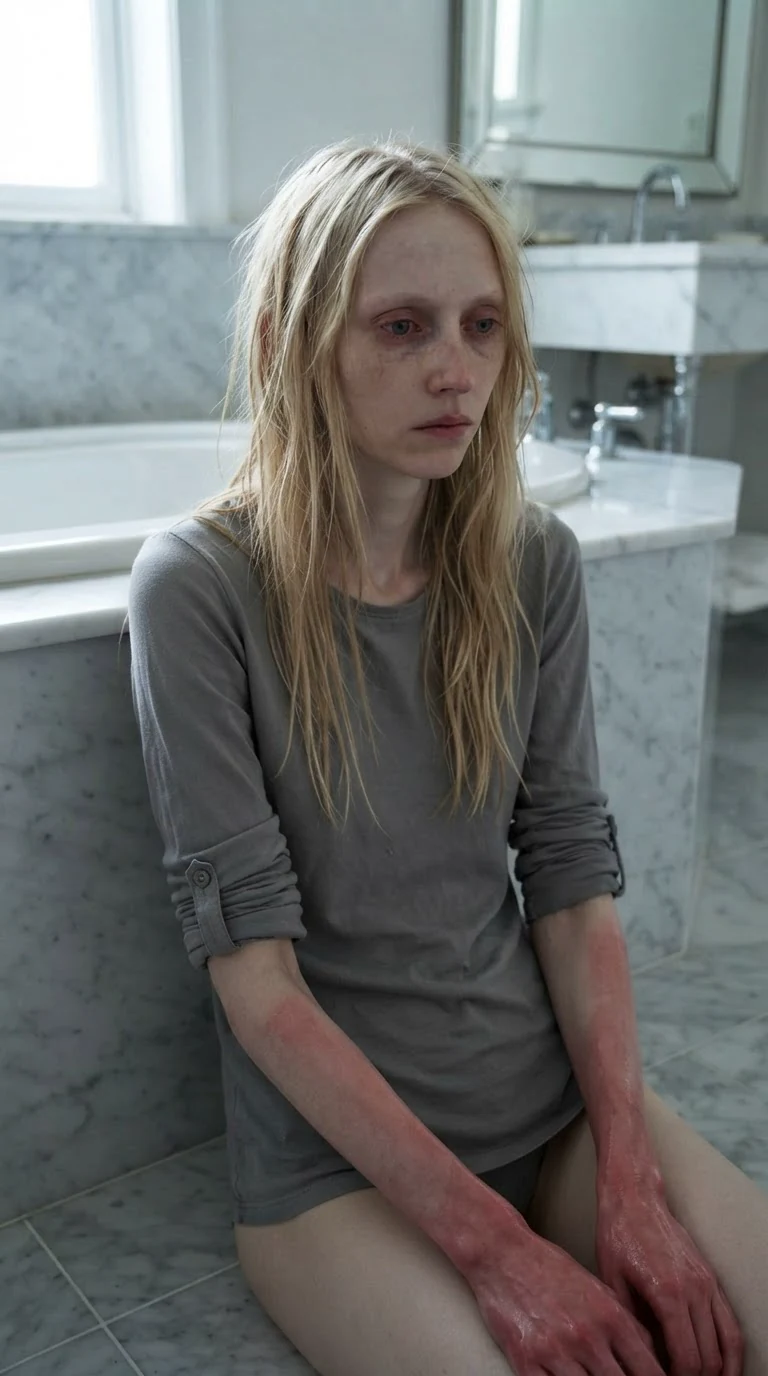 A small pale young woman sits on the bathroom tile with her sleeves shoved up.
