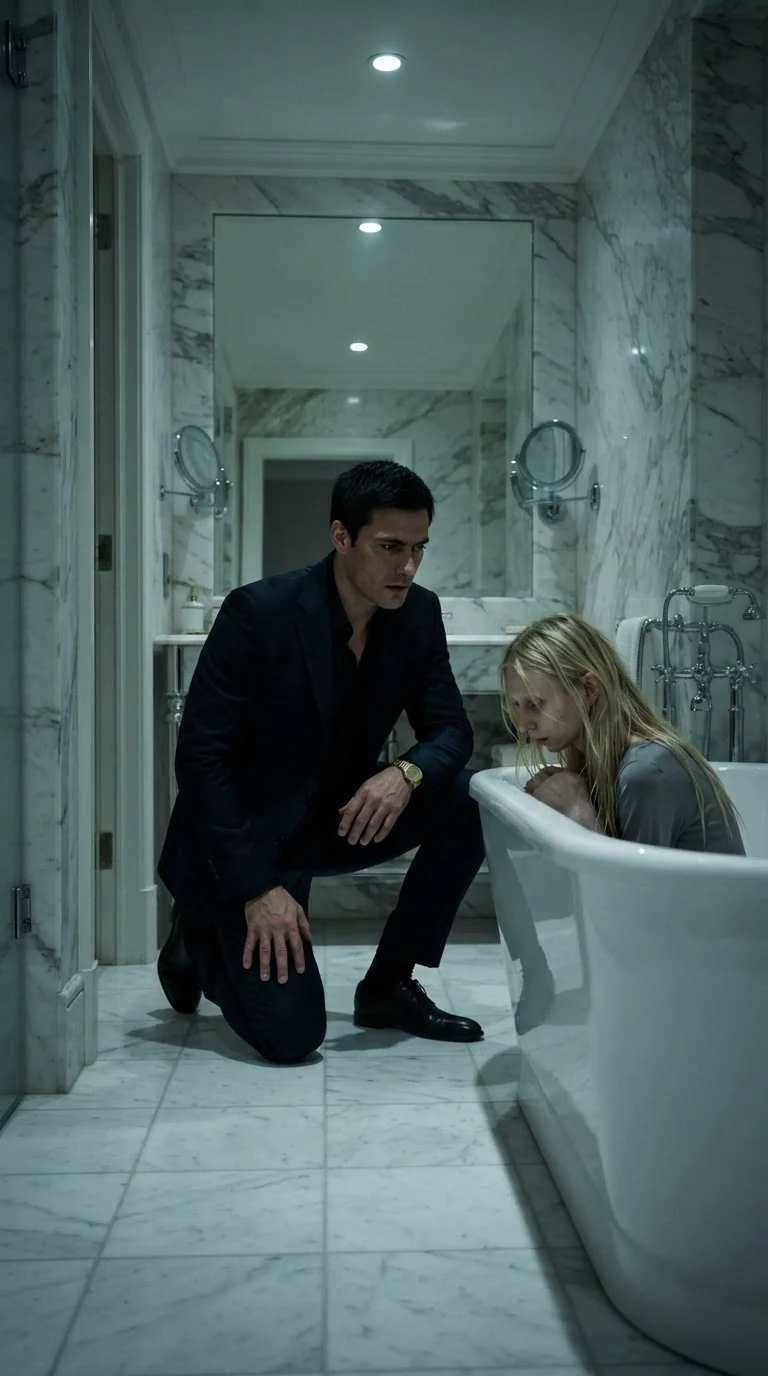 Dorian crouches in the bathroom doorway, angry and shaken.