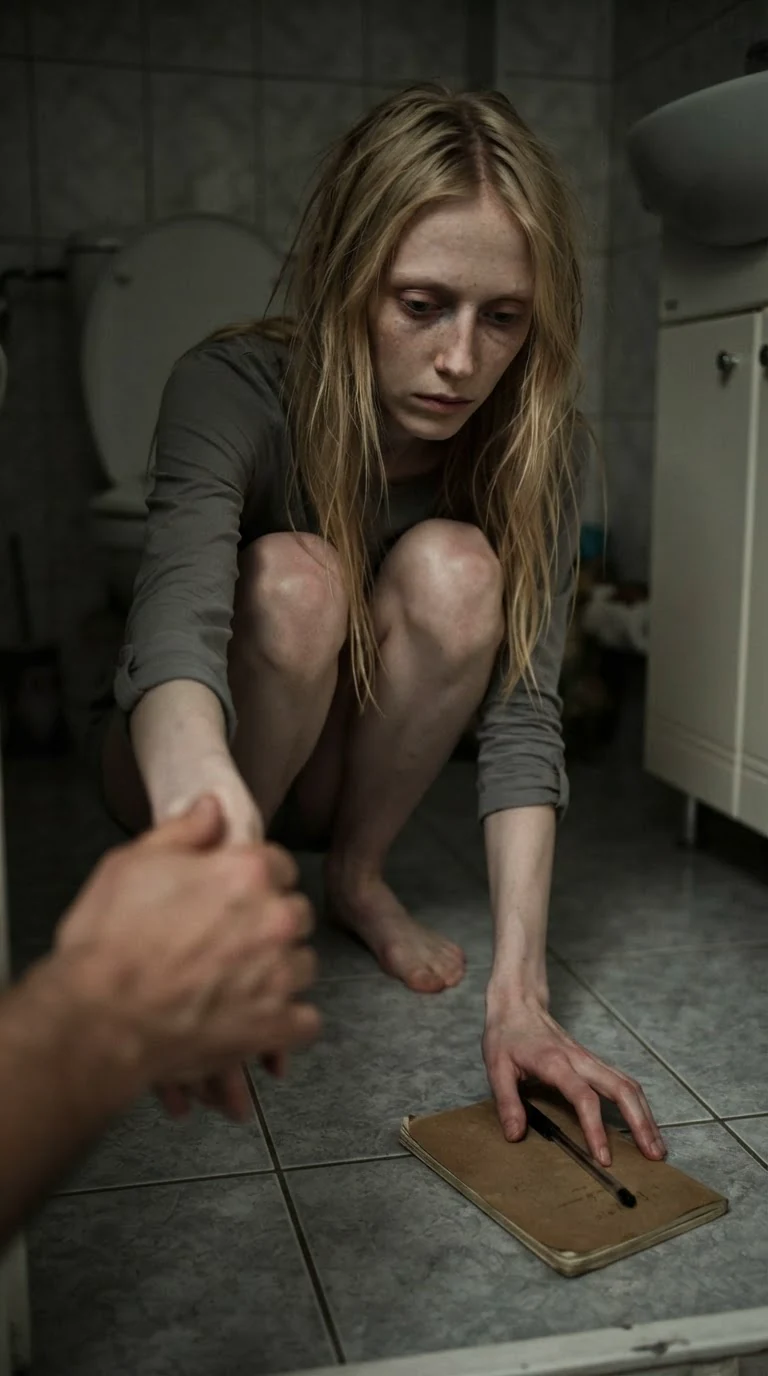 Sera fumbles for a small notebook on the tile with a pen.