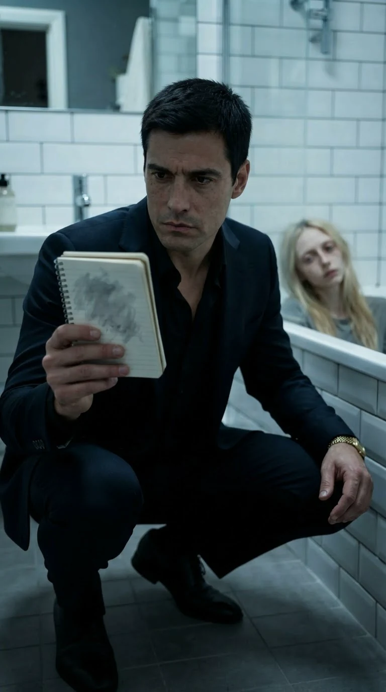 Dorian holds the notebook page up close, reading it.