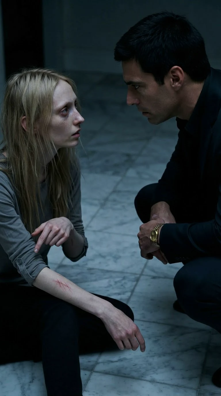 Sera shakes her head and points at her own forearm while Dorian watches.