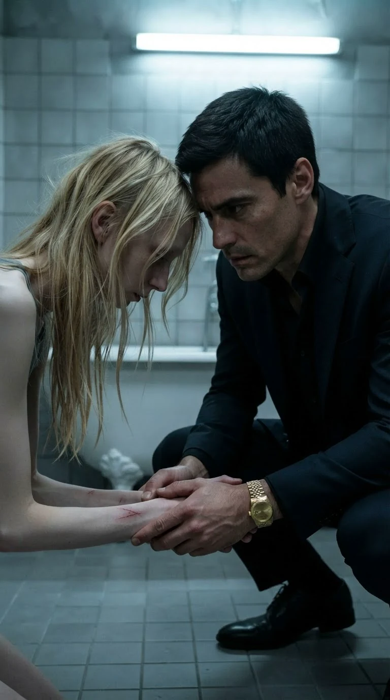 Sera's forehead rests against Dorian's shoulder, his hands around her wrists.