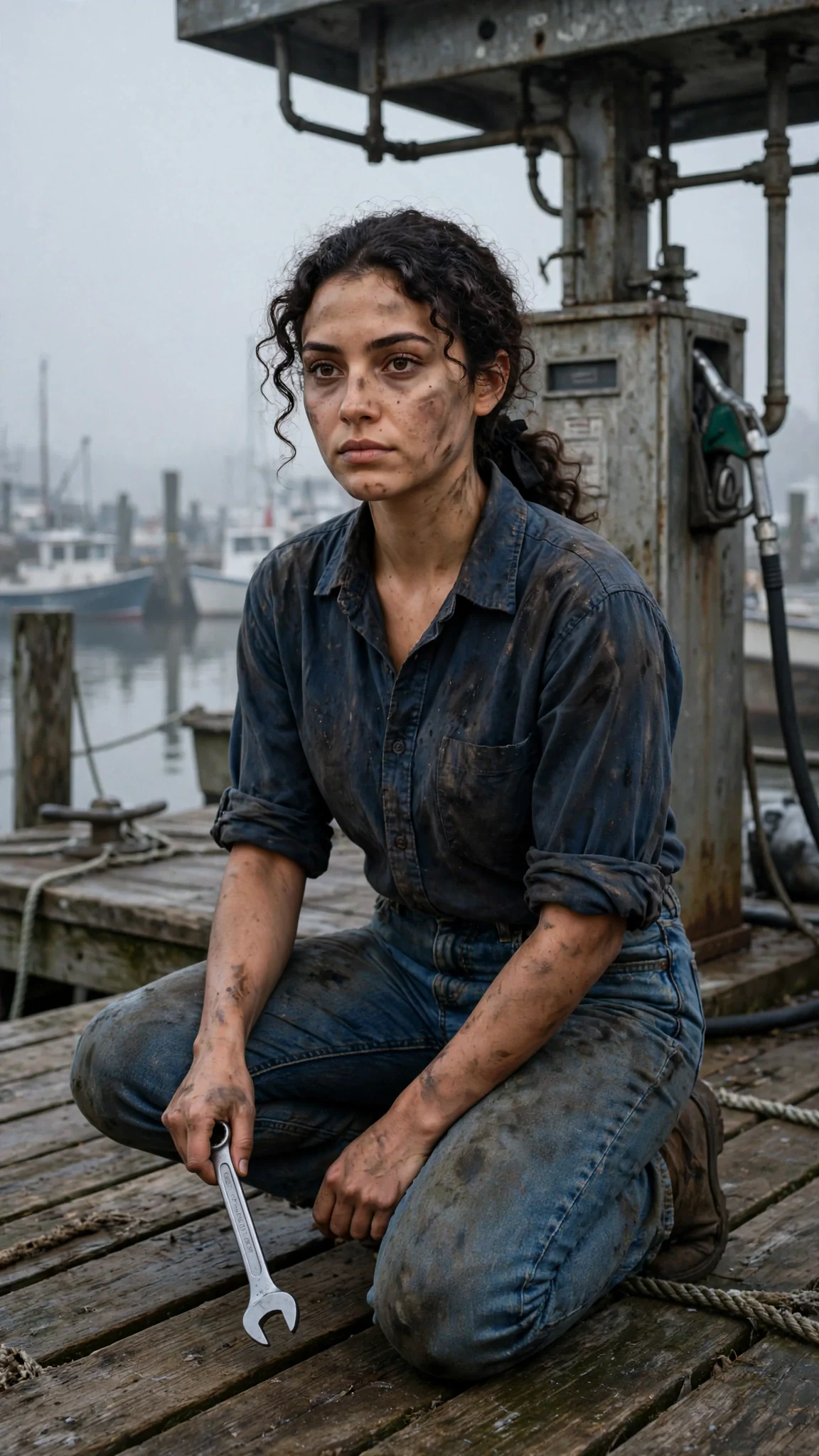 A young woman in a grease-stained work shirt kneels under a boat fuel pump at dawn.