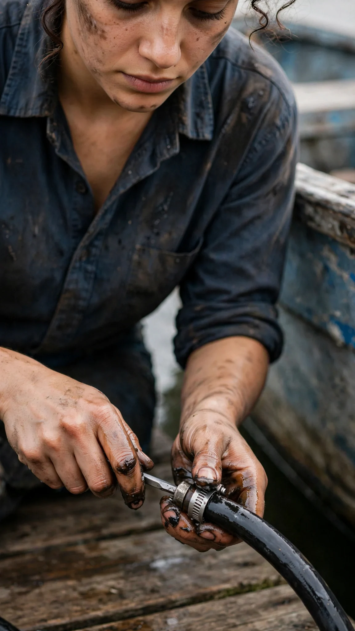 Close view of greasy hands tightening a clamp on a fuel line at first light.