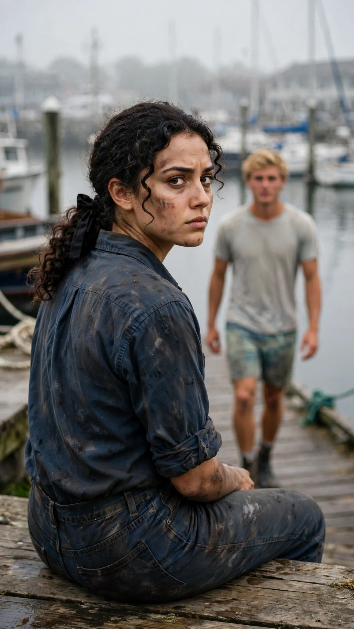 The woman looks over her shoulder as a blond man walks toward her on the dock.