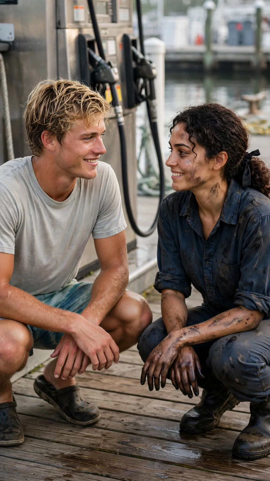 The blond man crouches beside her at the fuel pump, grinning.
